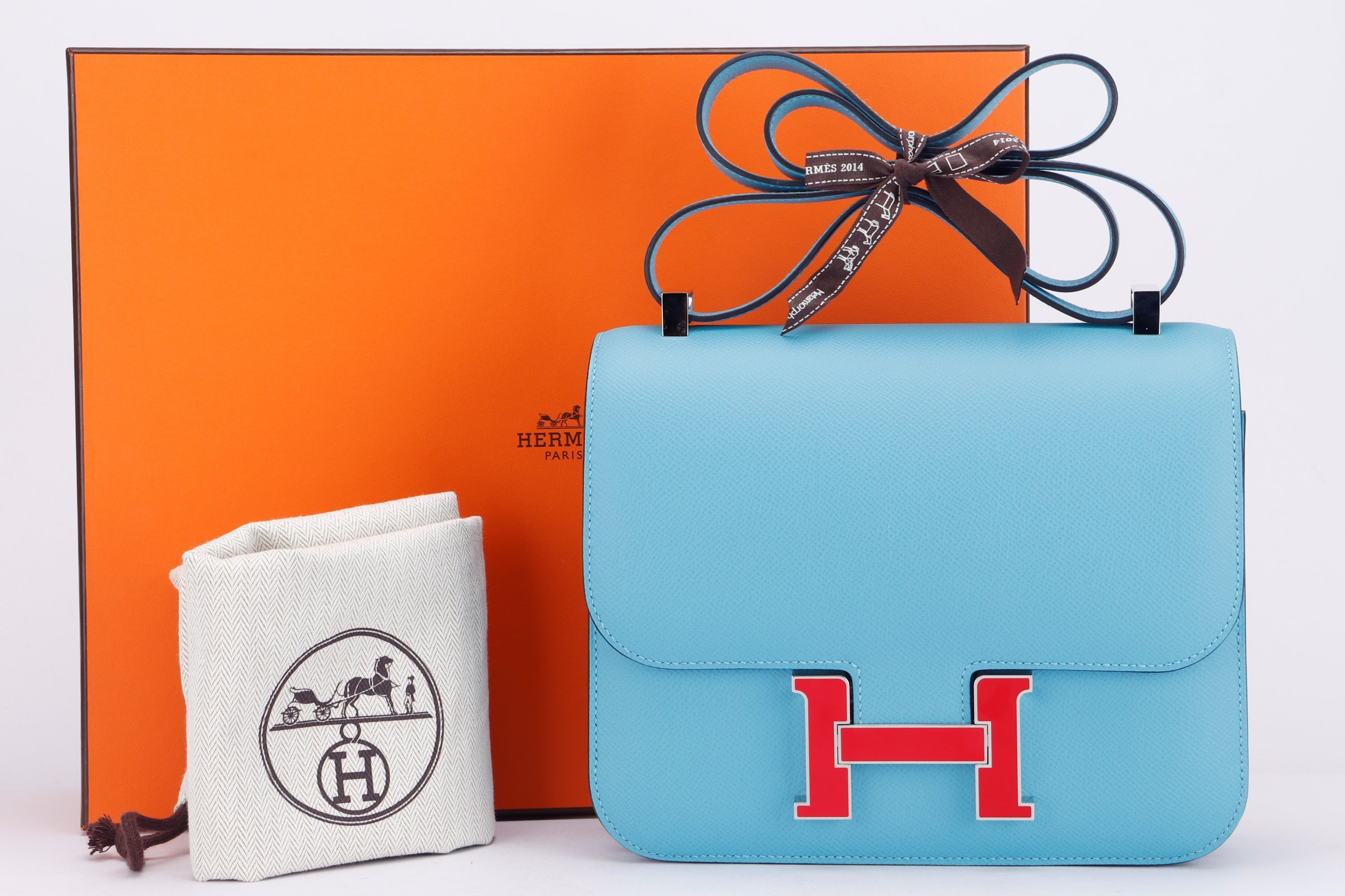 HERMES CONSTANCE 24 (STAMP D) BLUE EPSOM LEATHER RED ENAMEL HARDWARE, WITH DUST COVER & BOX