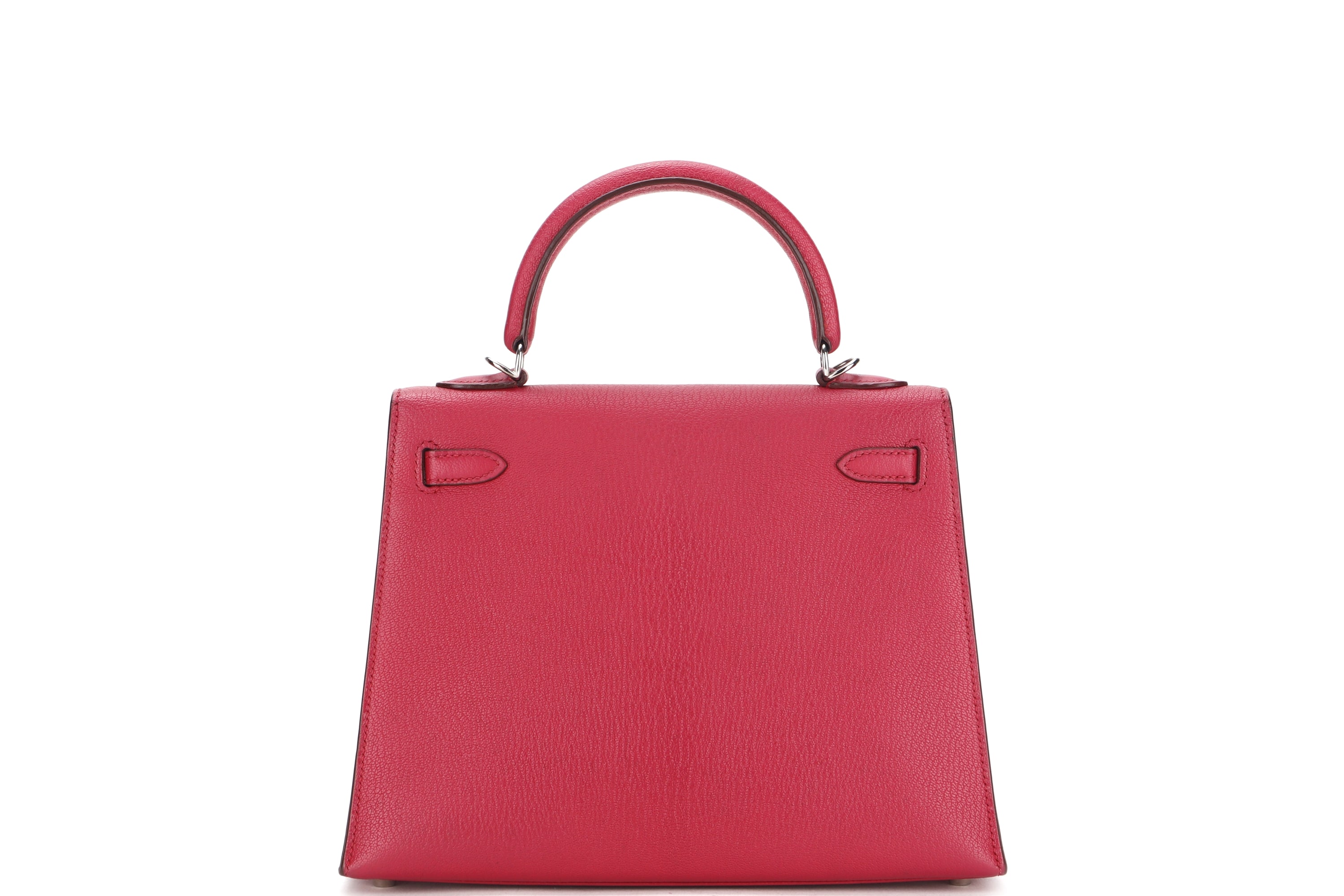 HERMES KELLY 25 (STAMP F) ROUGE VIF CHEVRE MYSORE PALLADIUM HARDWARE, WITH KEYS, LOCK, STRAP & DUST COVER