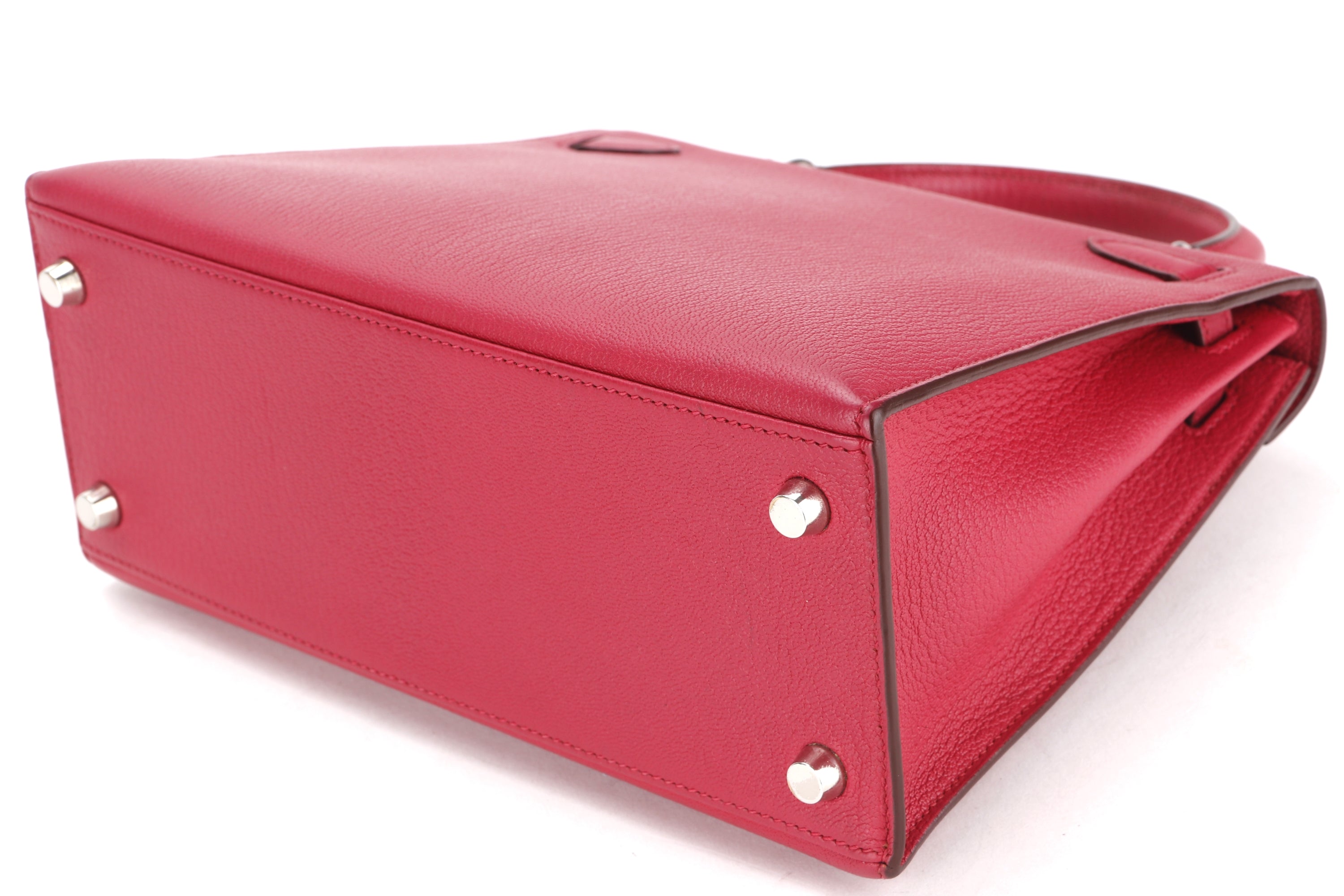 HERMES KELLY 25 (STAMP F) ROUGE VIF CHEVRE MYSORE PALLADIUM HARDWARE, WITH KEYS, LOCK, STRAP & DUST COVER