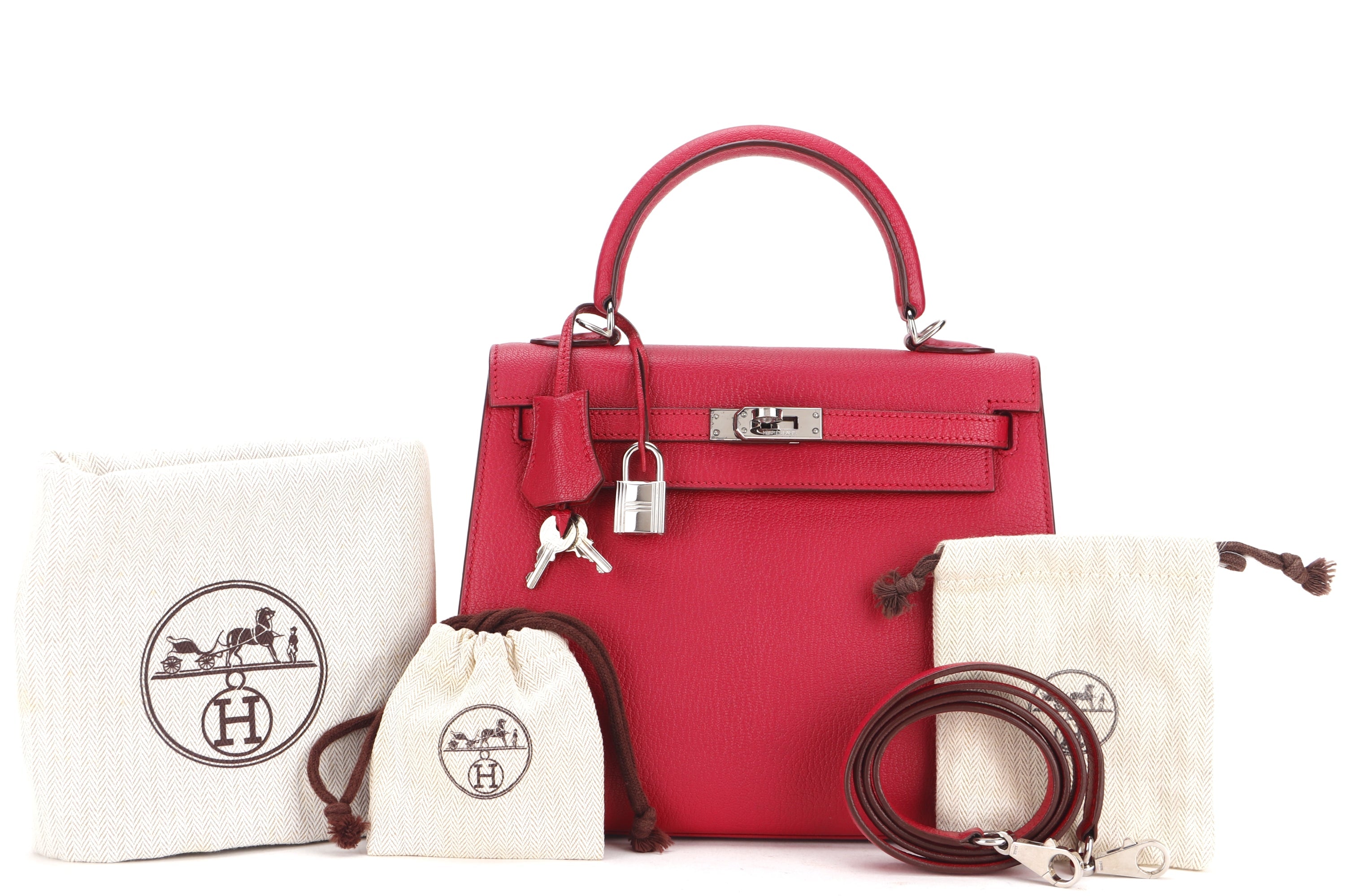 HERMES KELLY 25 (STAMP F) ROUGE VIF CHEVRE MYSORE PALLADIUM HARDWARE, WITH KEYS, LOCK, STRAP & DUST COVER