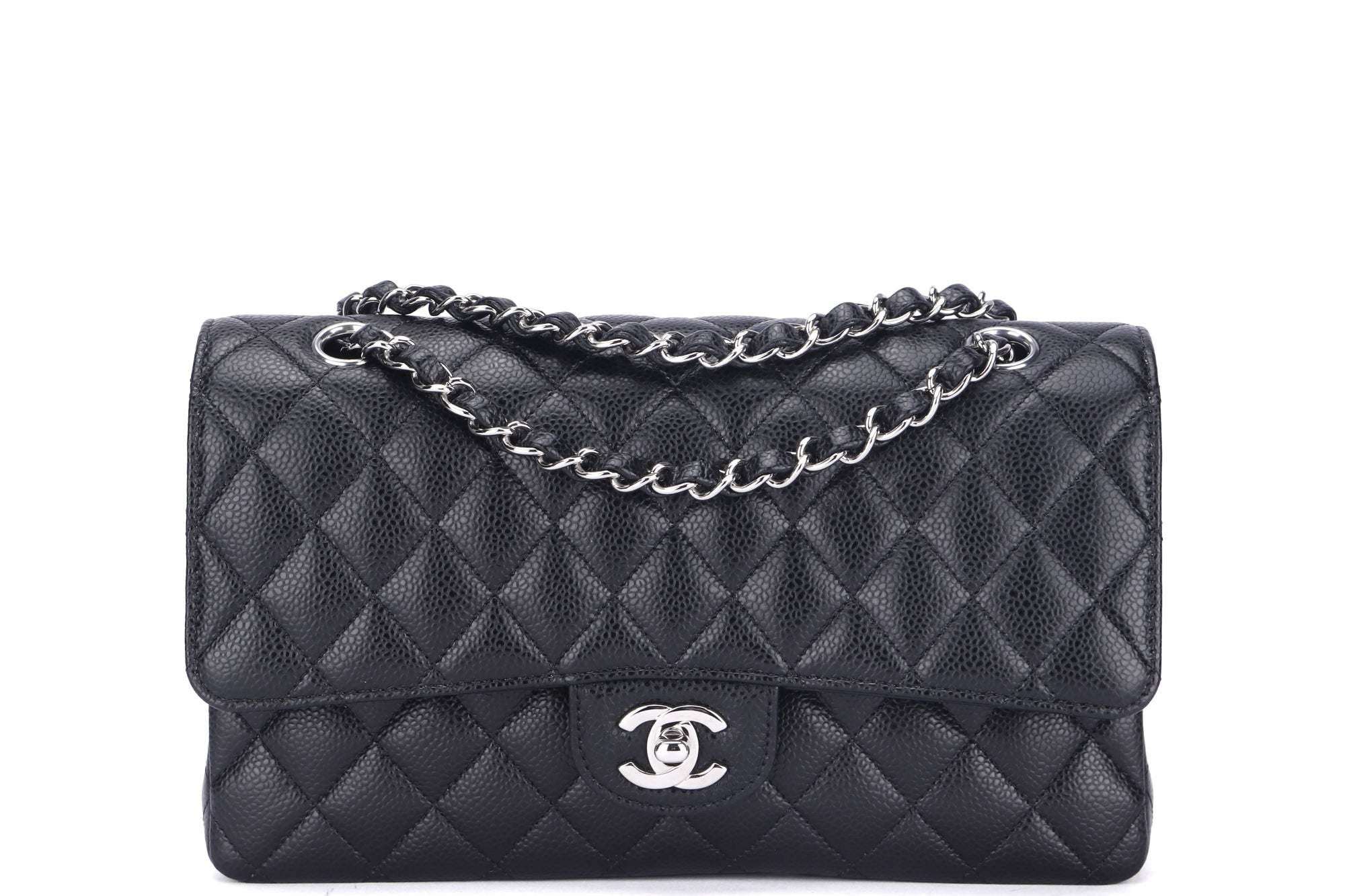 Chanel Classic Flap (2676xxxx) Medium Size Black Caviar Leather, Silver Hardware, with Card, Dust Cover & Box