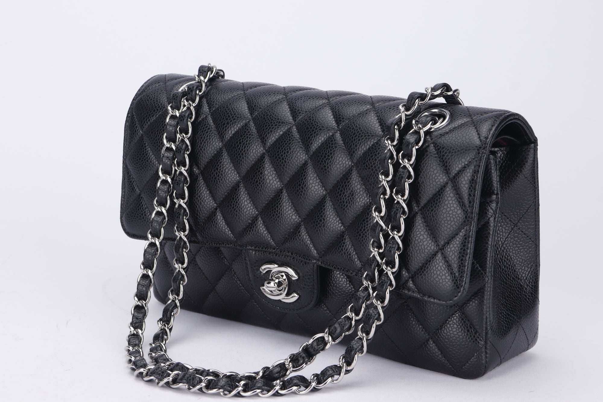 Chanel Classic Flap (2676xxxx) Medium Size Black Caviar Leather, Silver Hardware, with Card, Dust Cover & Box