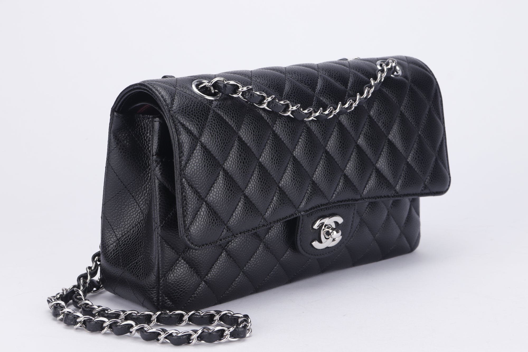 Chanel Classic Flap (2676xxxx) Medium Size Black Caviar Leather, Silver Hardware, with Card, Dust Cover & Box