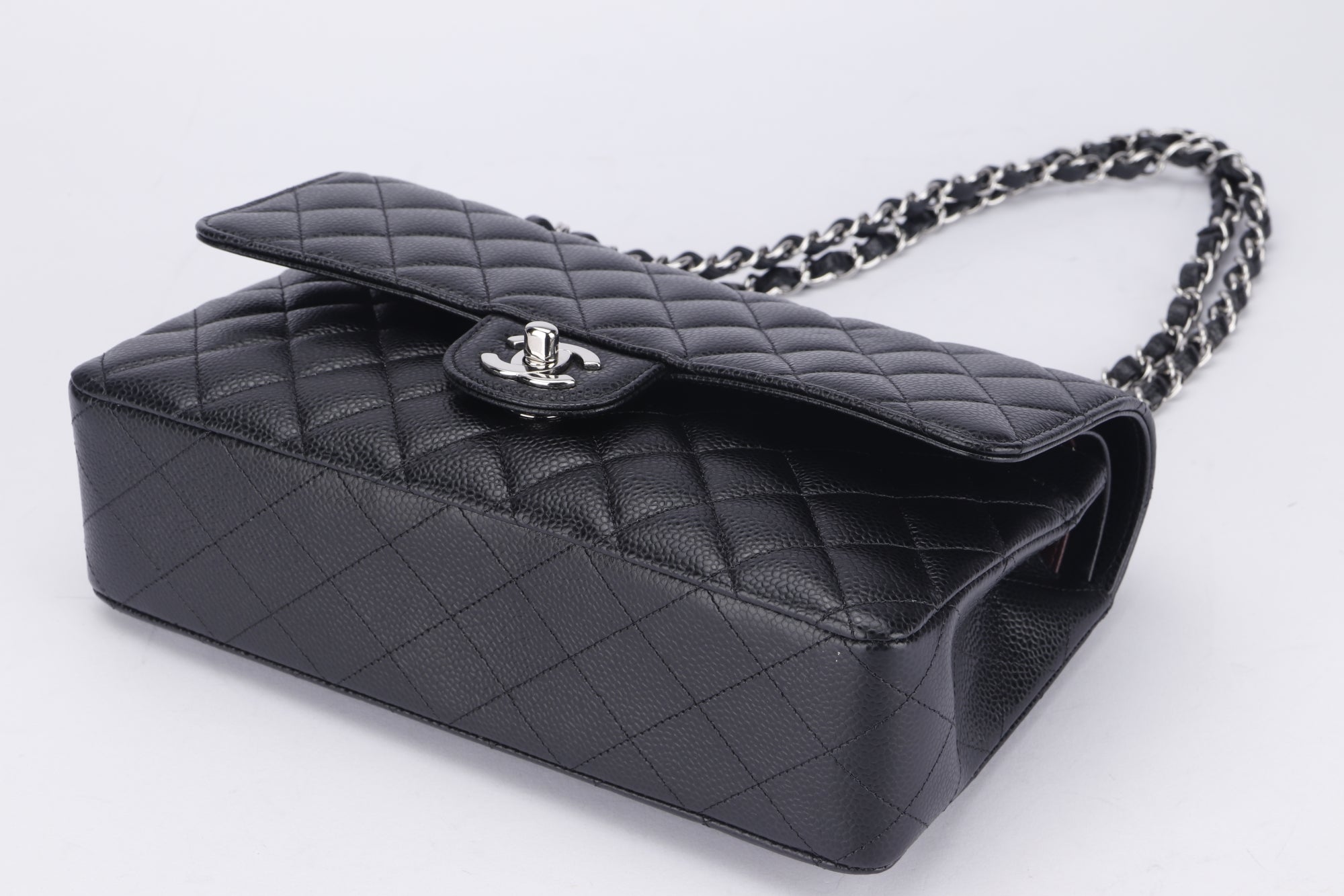 Chanel Classic Flap (2676xxxx) Medium Size Black Caviar Leather, Silver Hardware, with Card, Dust Cover & Box