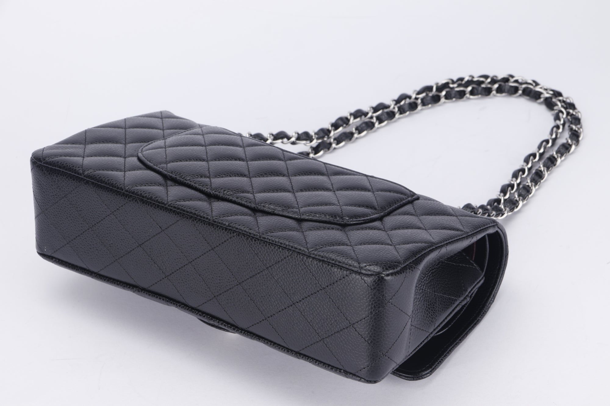 Chanel Classic Flap (2676xxxx) Medium Size Black Caviar Leather, Silver Hardware, with Card, Dust Cover & Box