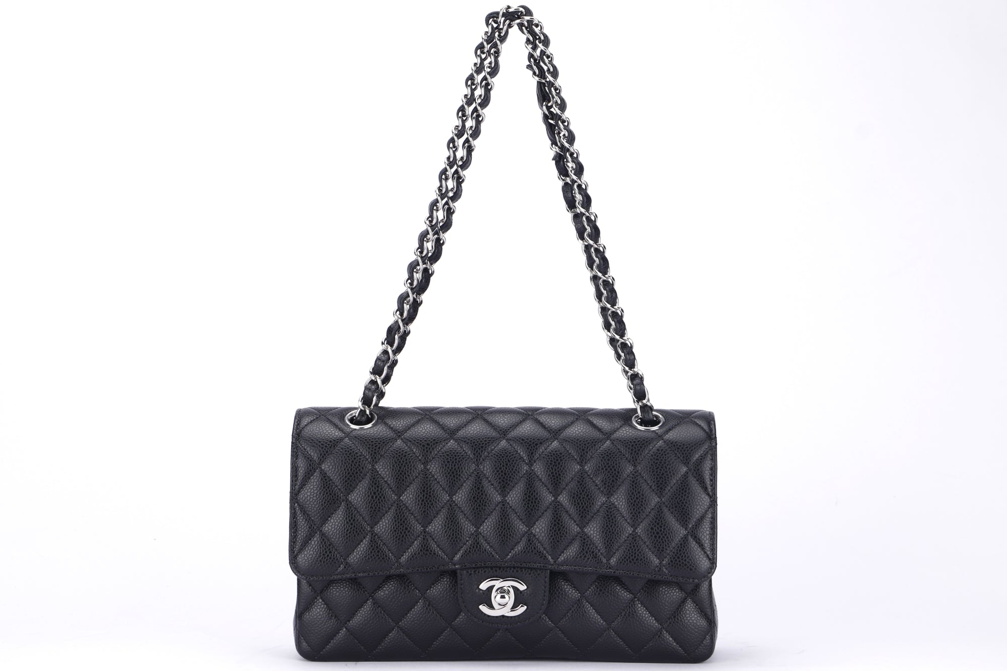 Chanel Classic Flap (2676xxxx) Medium Size Black Caviar Leather, Silver Hardware, with Card, Dust Cover & Box