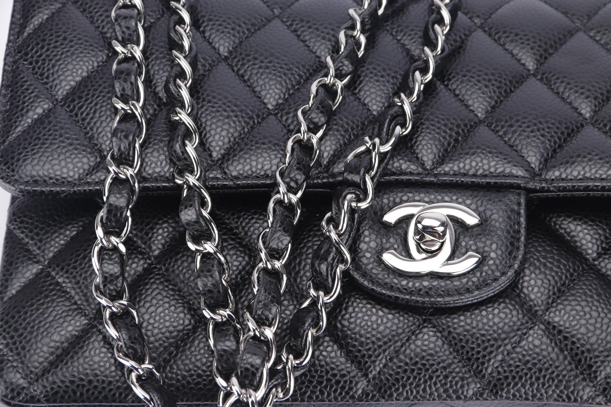 Chanel Classic Flap (2676xxxx) Medium Size Black Caviar Leather, Silver Hardware, with Card, Dust Cover & Box