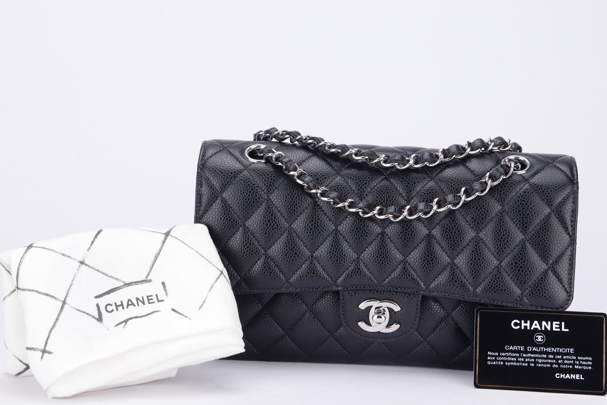 Chanel Classic Flap (2676xxxx) Medium Size Black Caviar Leather, Silver Hardware, with Card, Dust Cover & Box