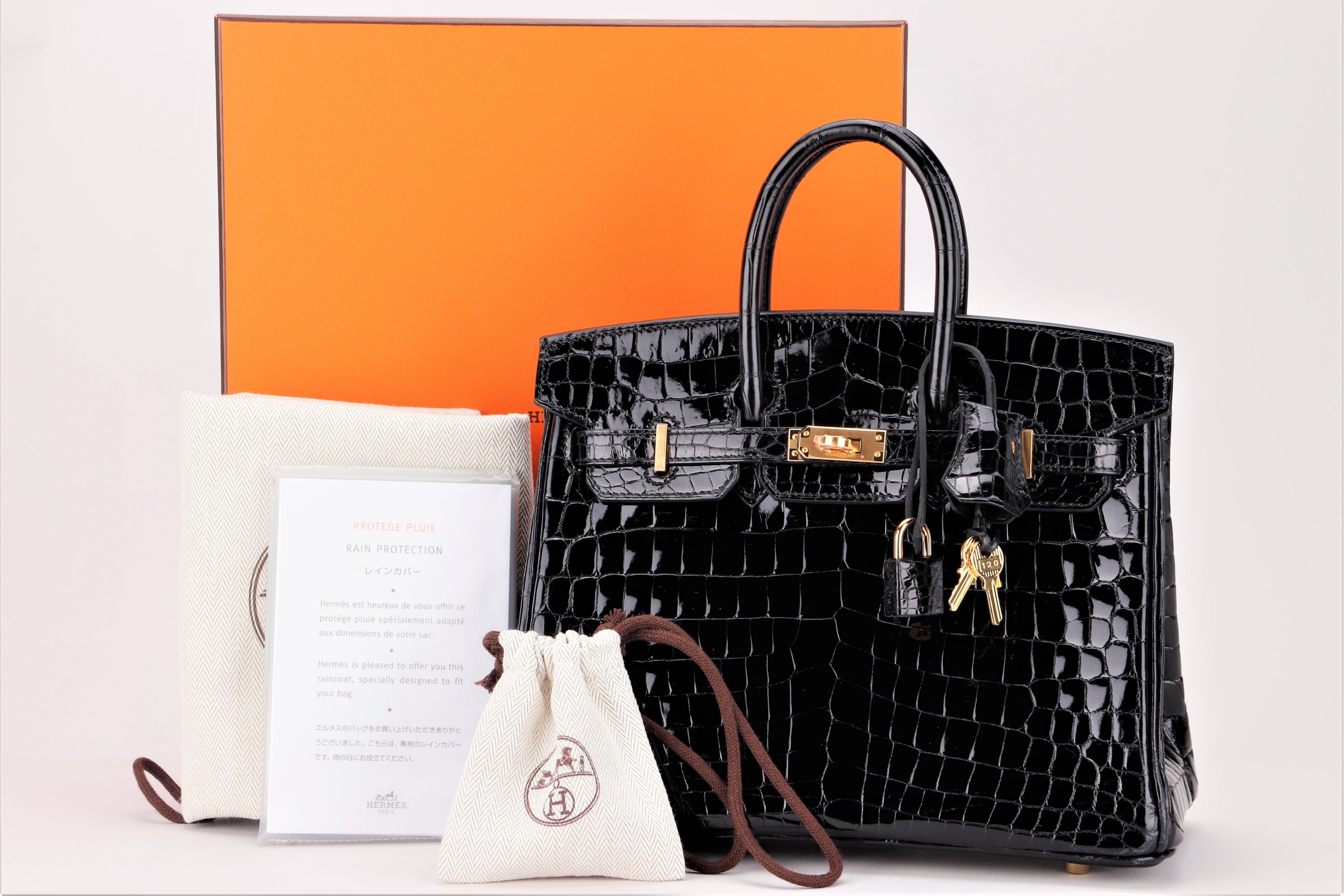 (EXOTIC) HERMES BIRKIN 25CM (STAMP U) BLACK NILO SHINY WITH GOLD HARDWARE, WITH KEYS, LOCK, RAINCOAT, CITIES, DUST COVER & BOX