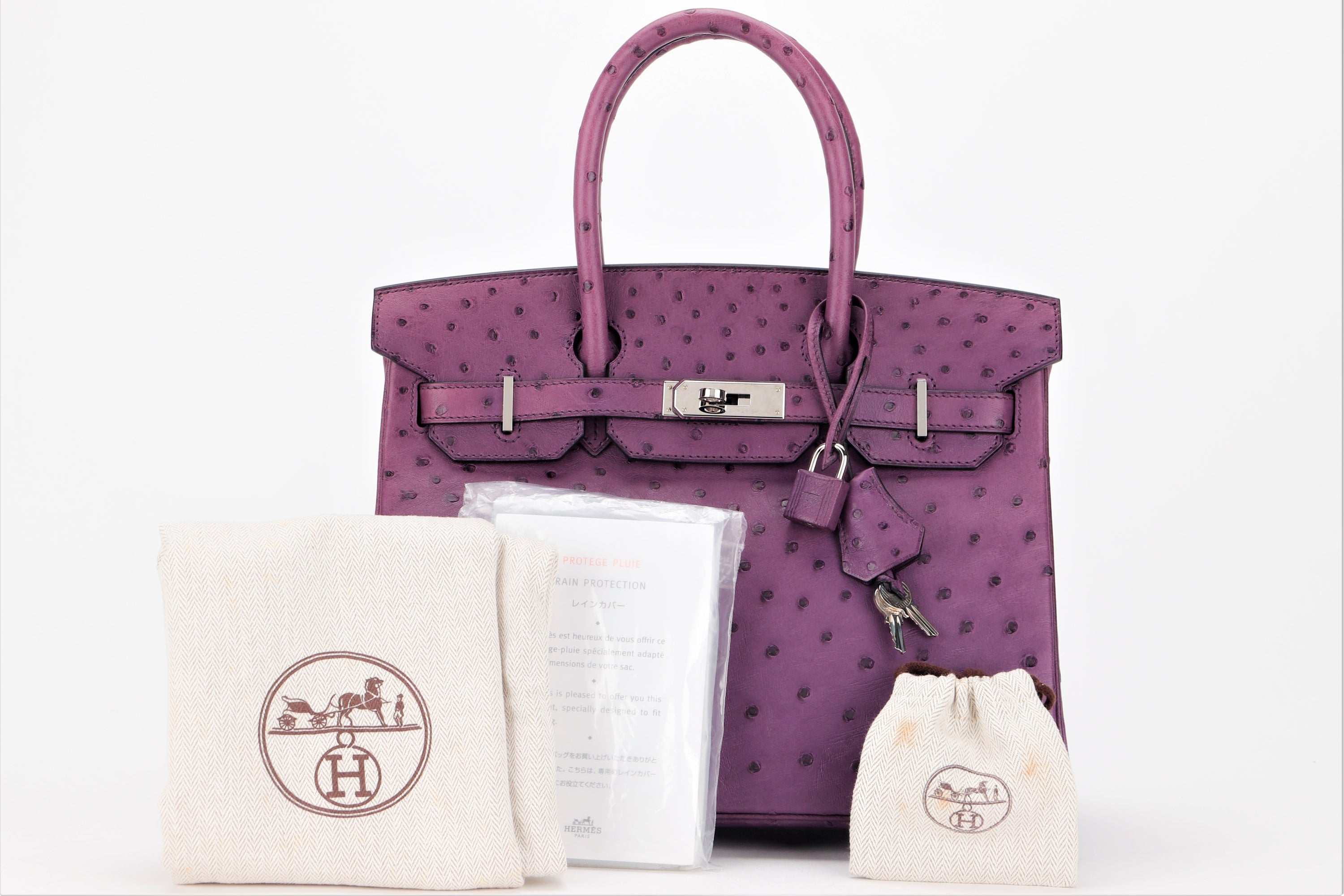 (EXOTIC) HERMES BIRKIN 30 (STAMP C) OSTRICH VIOLET SILVER HARDWARE, WITH LOCK, KEYS, RAINCOAT, DUST COVER & BOX