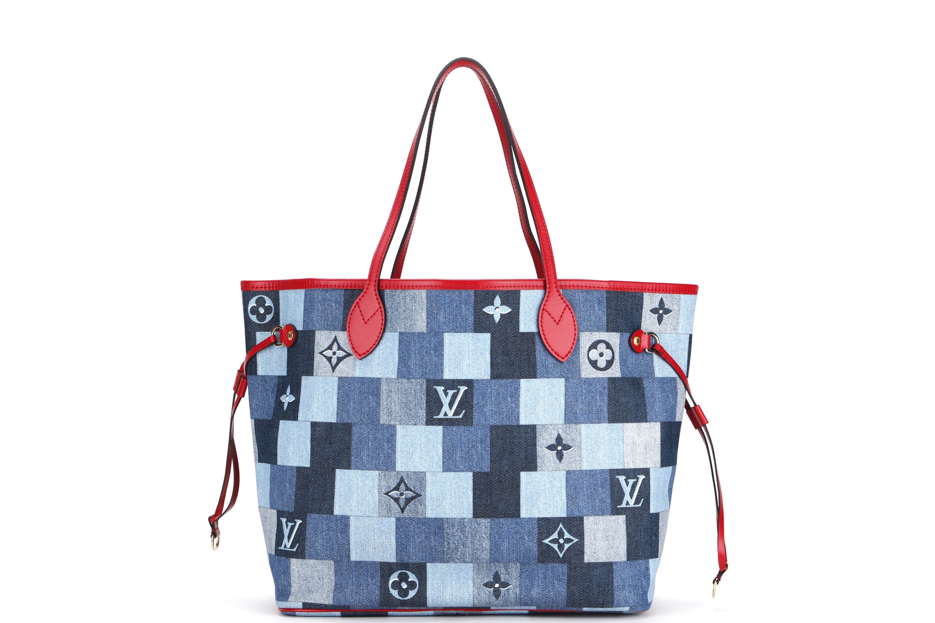 LOUIS VUITTON M44981 DENIM PATCHWORK NEVERFULL (AR5109) MM SIZE RED TRIM, WITH POUCH & DUST COVER