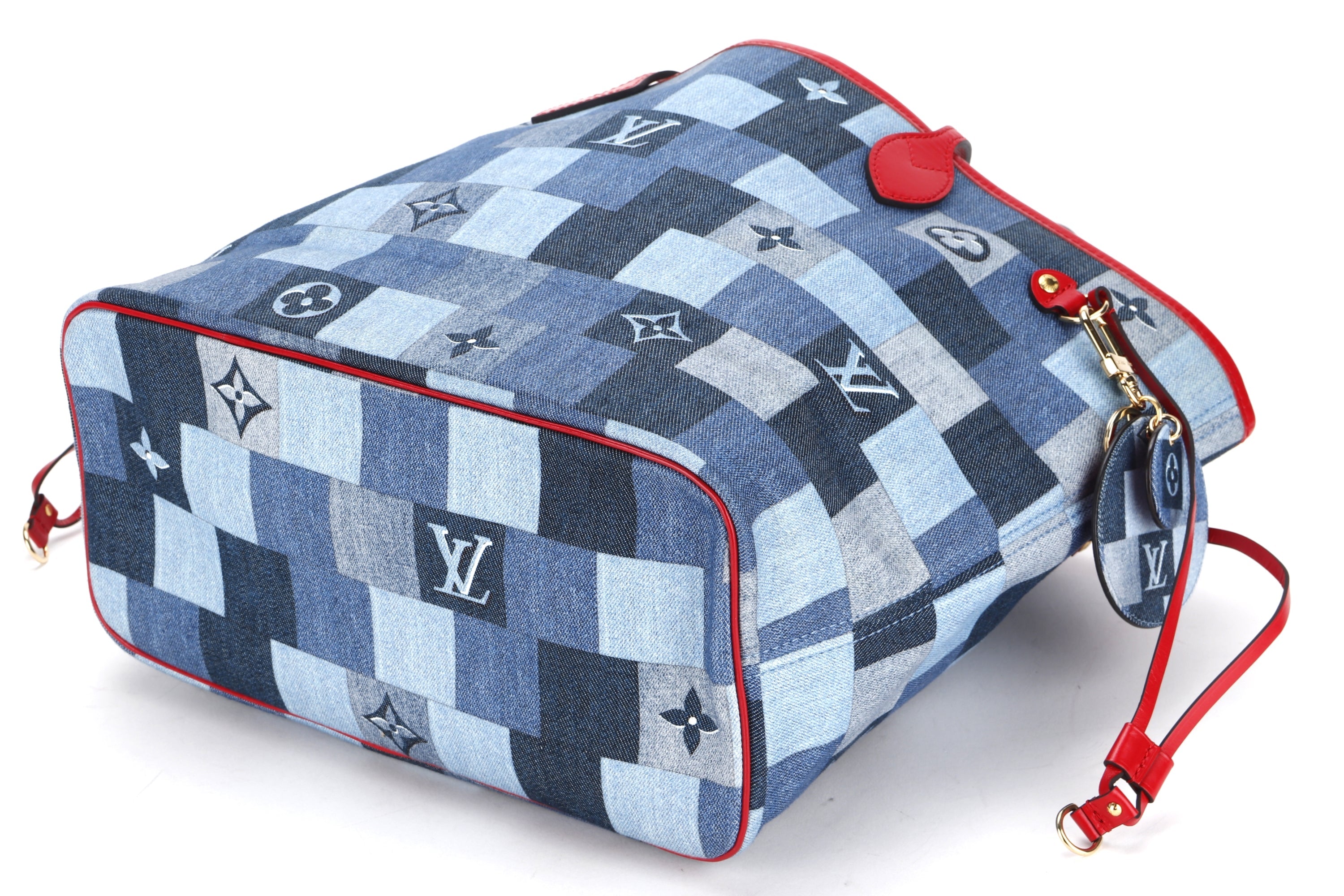 LOUIS VUITTON M44981 DENIM PATCHWORK NEVERFULL (AR5109) MM SIZE RED TRIM, WITH POUCH & DUST COVER