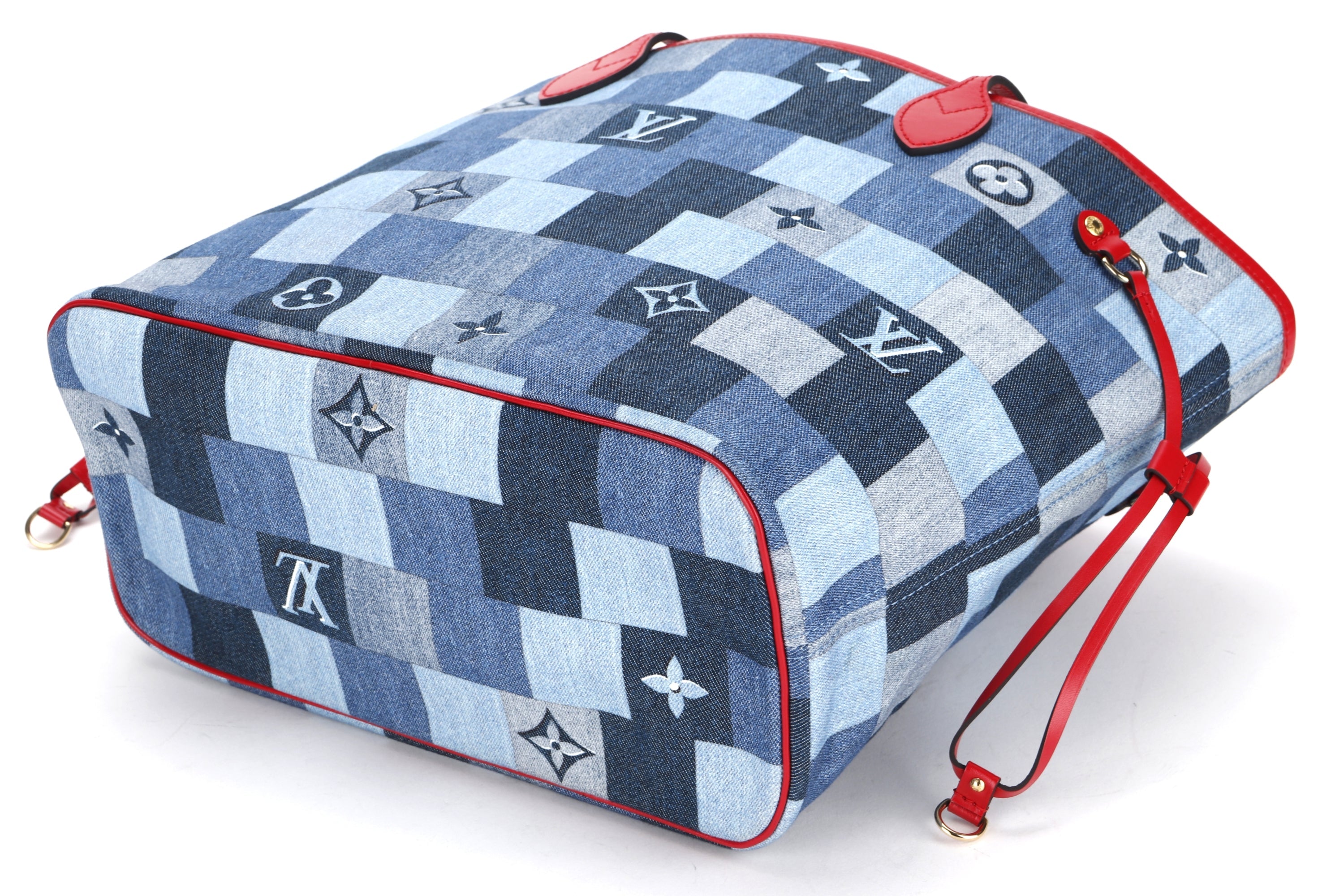 LOUIS VUITTON M44981 DENIM PATCHWORK NEVERFULL (AR5109) MM SIZE RED TRIM, WITH POUCH & DUST COVER