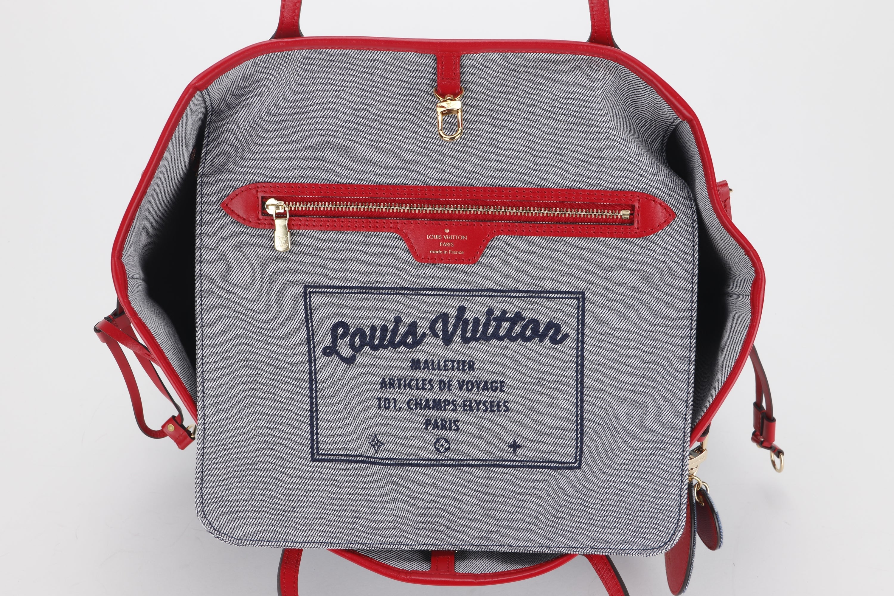 LOUIS VUITTON M44981 DENIM PATCHWORK NEVERFULL (AR5109) MM SIZE RED TRIM, WITH POUCH & DUST COVER