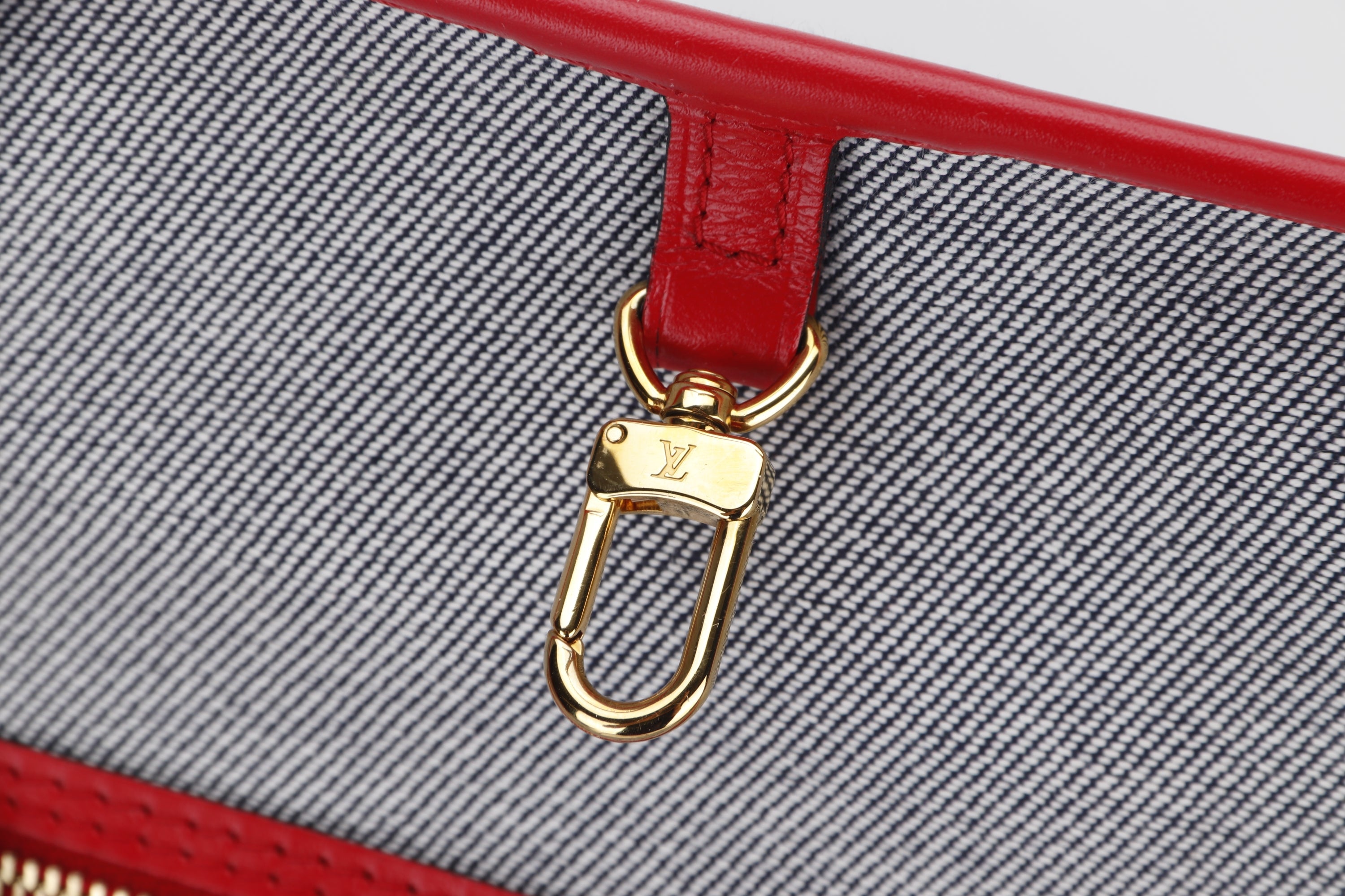 LOUIS VUITTON M44981 DENIM PATCHWORK NEVERFULL (AR5109) MM SIZE RED TRIM, WITH POUCH & DUST COVER