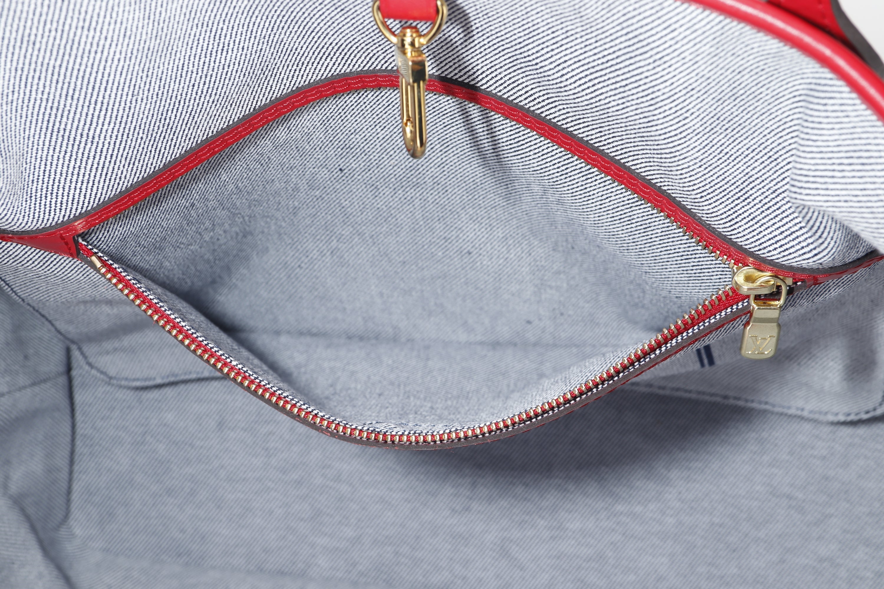 LOUIS VUITTON M44981 DENIM PATCHWORK NEVERFULL (AR5109) MM SIZE RED TRIM, WITH POUCH & DUST COVER