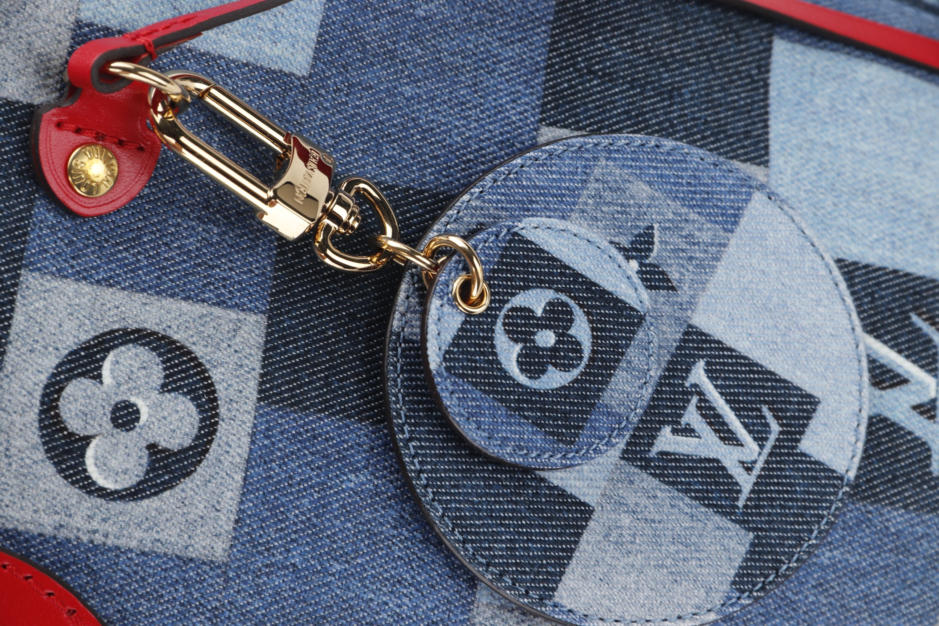 LOUIS VUITTON M44981 DENIM PATCHWORK NEVERFULL (AR5109) MM SIZE RED TRIM, WITH POUCH & DUST COVER