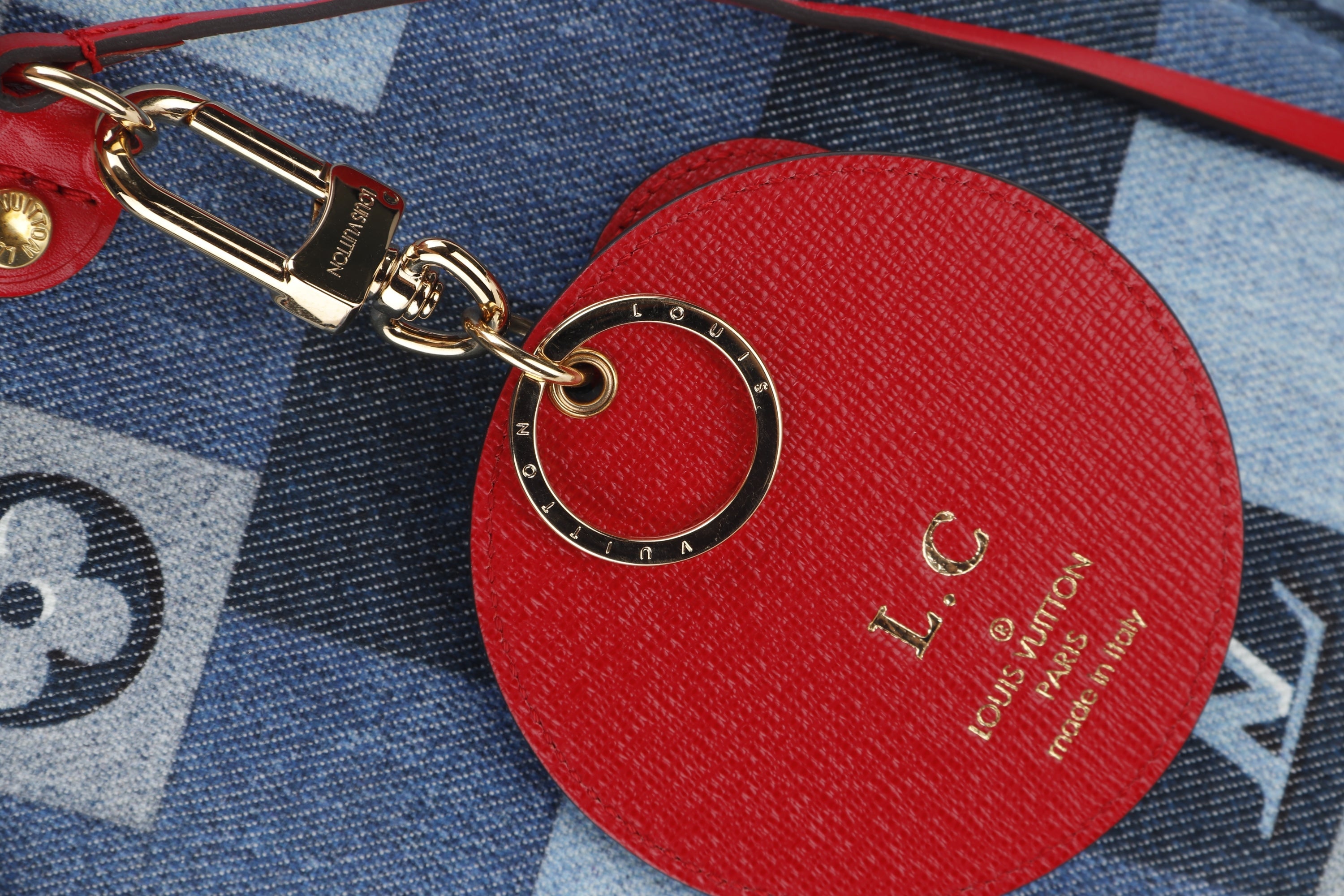 LOUIS VUITTON M44981 DENIM PATCHWORK NEVERFULL (AR5109) MM SIZE RED TRIM, WITH POUCH & DUST COVER