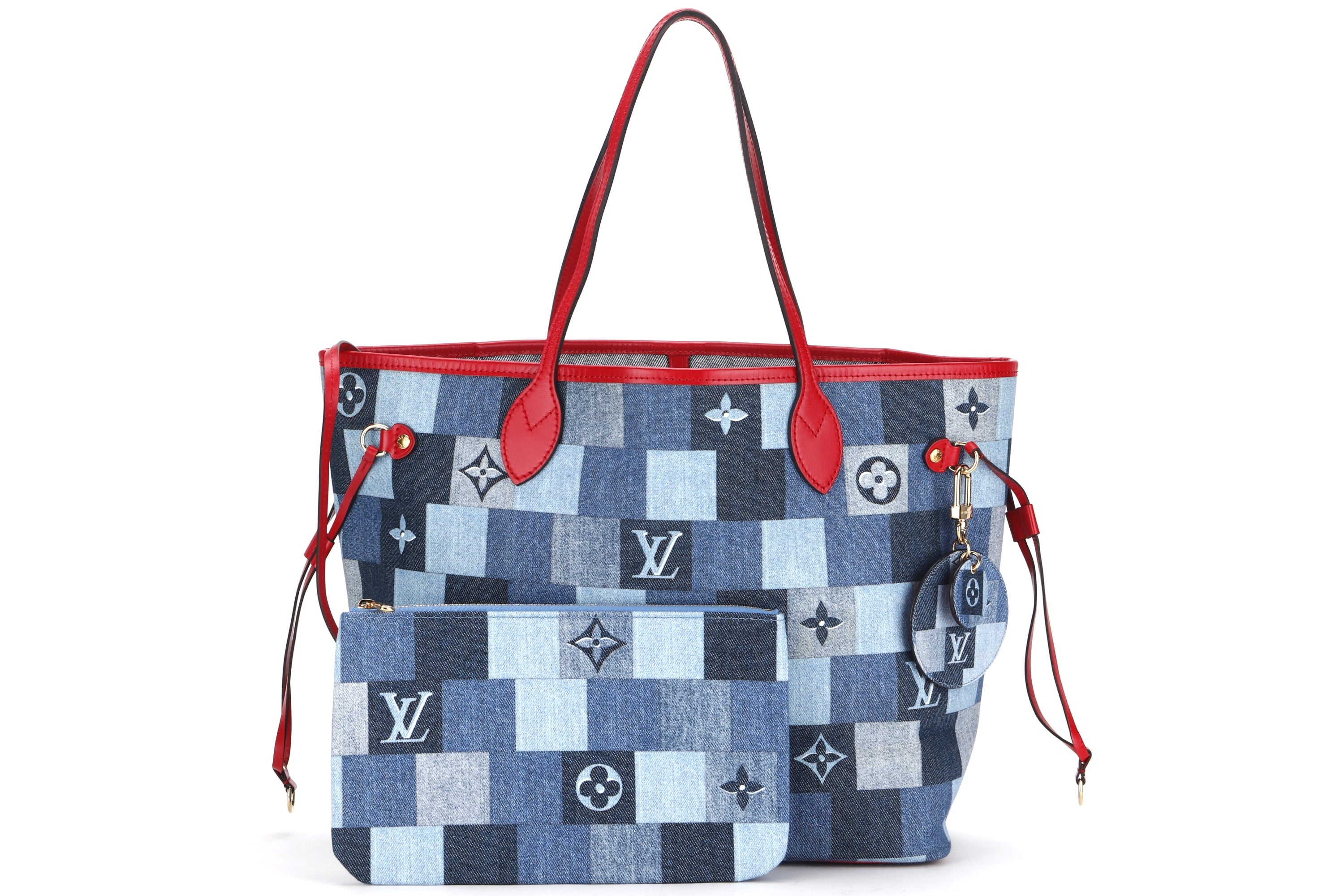 LOUIS VUITTON M44981 DENIM PATCHWORK NEVERFULL (AR5109) MM SIZE RED TRIM, WITH POUCH & DUST COVER