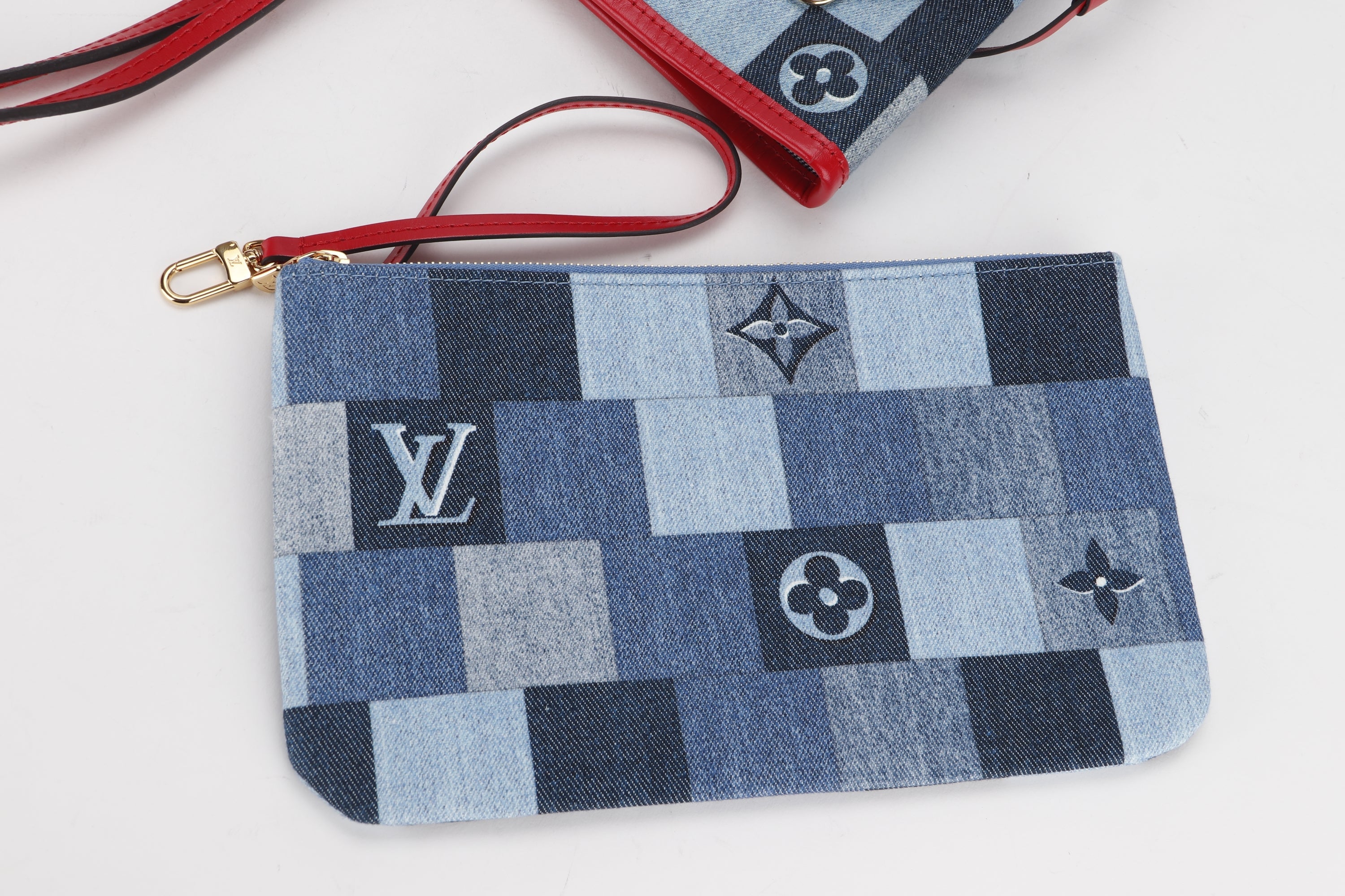 LOUIS VUITTON M44981 DENIM PATCHWORK NEVERFULL (AR5109) MM SIZE RED TRIM, WITH POUCH & DUST COVER