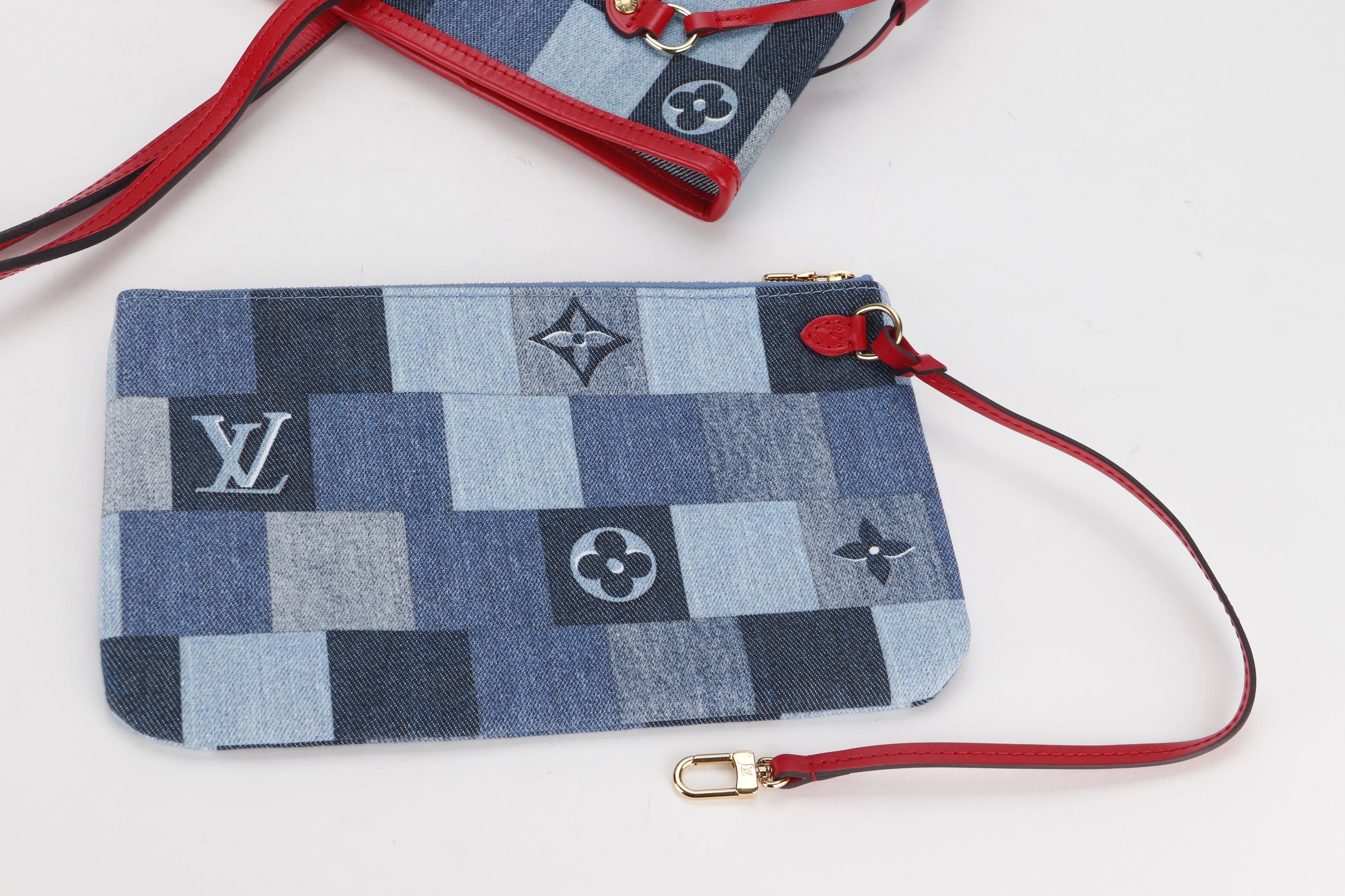 LOUIS VUITTON M44981 DENIM PATCHWORK NEVERFULL (AR5109) MM SIZE RED TRIM, WITH POUCH & DUST COVER