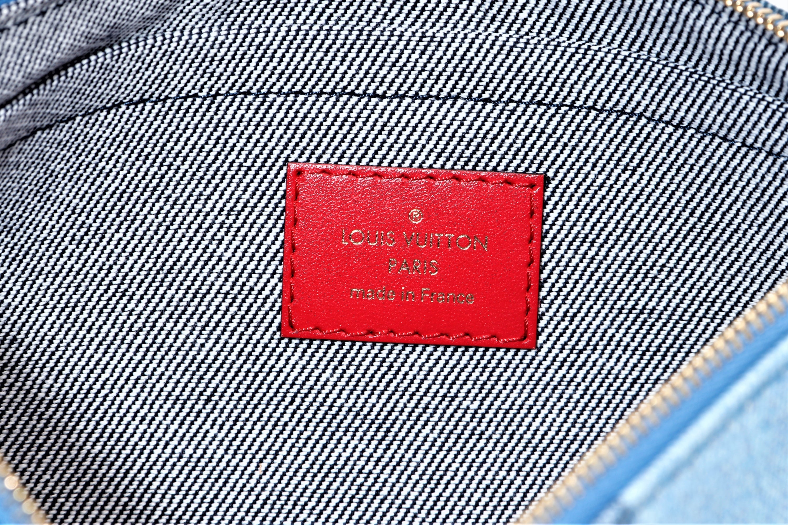 LOUIS VUITTON M44981 DENIM PATCHWORK NEVERFULL (AR5109) MM SIZE RED TRIM, WITH POUCH & DUST COVER