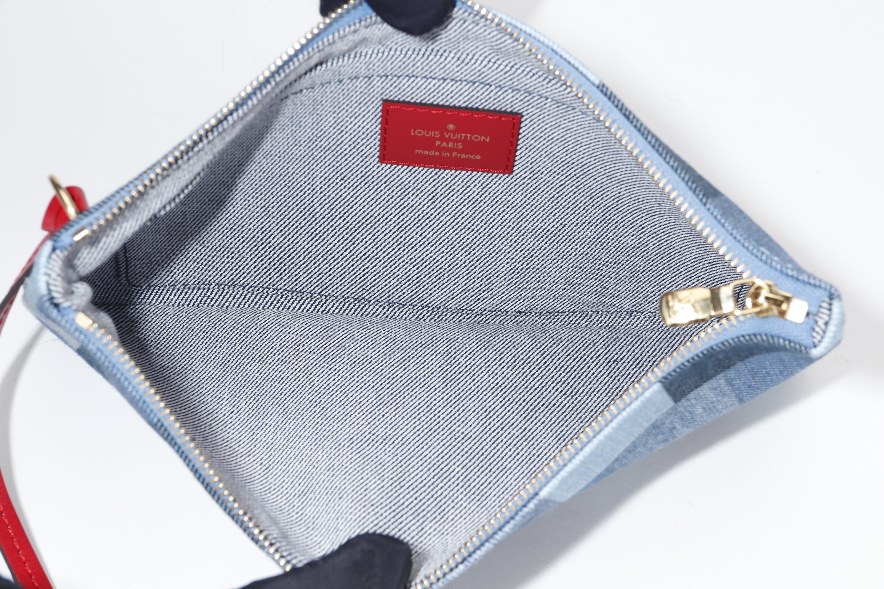 LOUIS VUITTON M44981 DENIM PATCHWORK NEVERFULL (AR5109) MM SIZE RED TRIM, WITH POUCH & DUST COVER