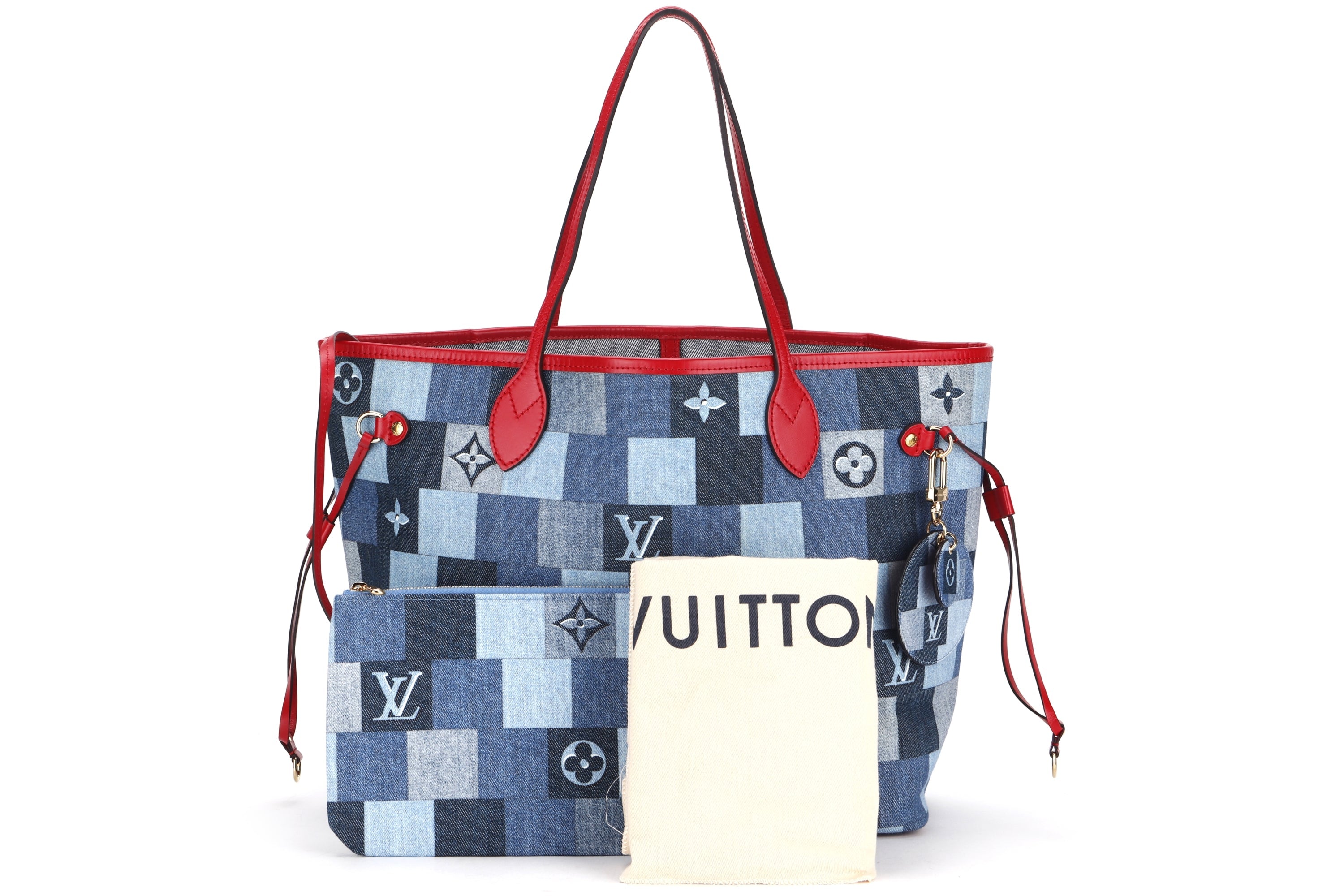 LOUIS VUITTON M44981 DENIM PATCHWORK NEVERFULL (AR5109) MM SIZE RED TRIM, WITH POUCH & DUST COVER