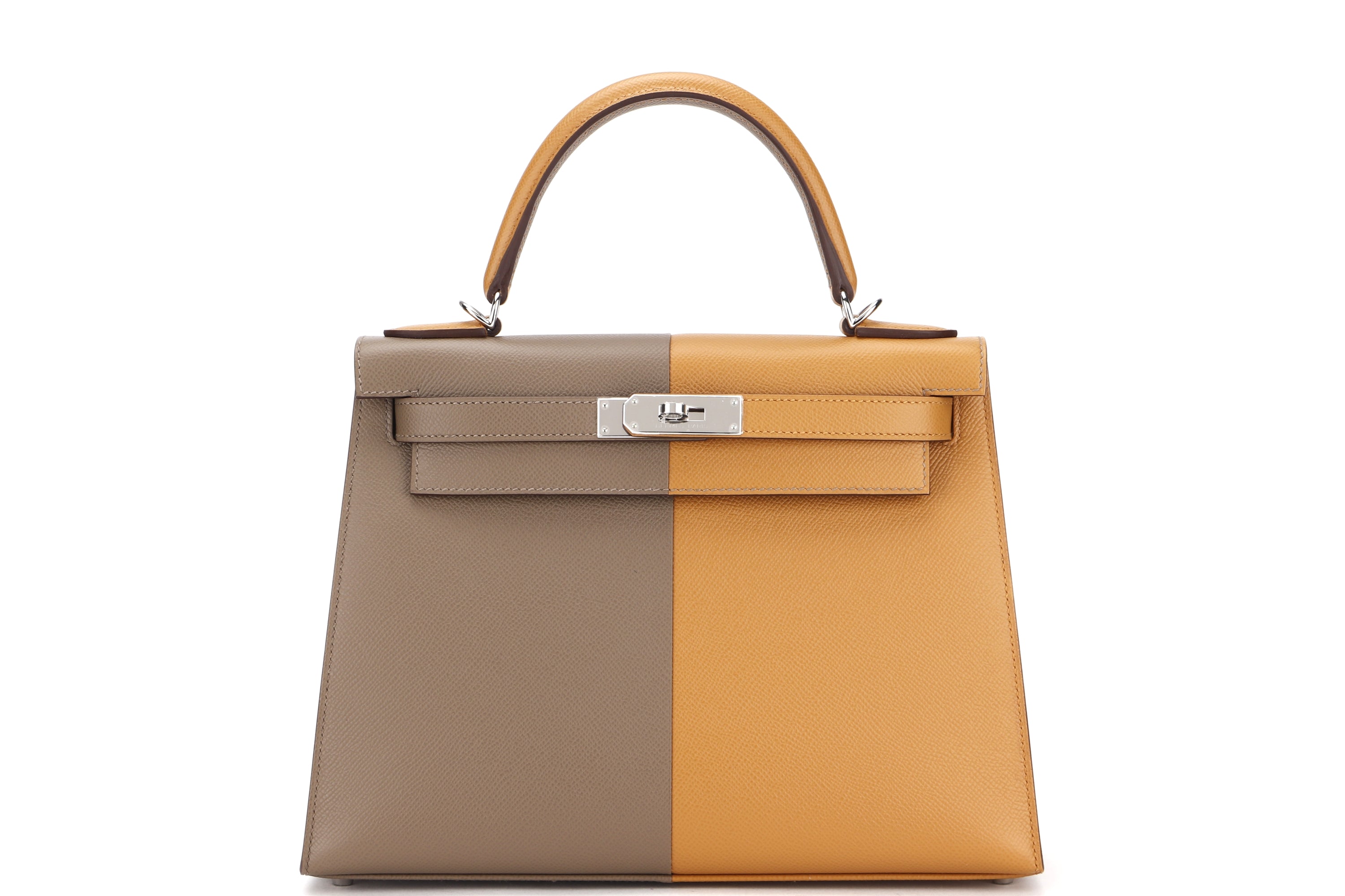 HERMES KELLY 28 CASAQUE (STAMP U (2022)) ETOUPE, SESAME & BLUE INDIGO, EPSOM SILVER HADRWARE, WITH KEYS, LOCK, STRAP, RAINCOAT & DUST COVER