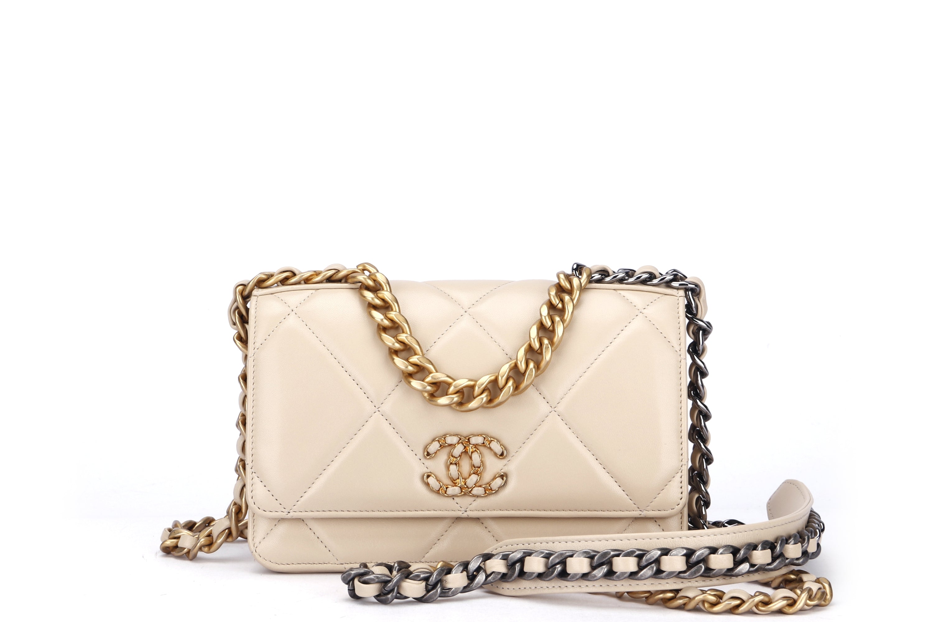 CHANEL 19 WALLET ON CHAIN (3096xxxx) LIGHT BEIGE COLOR LAMBSKIN, GOLD, SILVER & RUTHENIUM HARDWARE, WITH CARD, DUST COVER & BOX