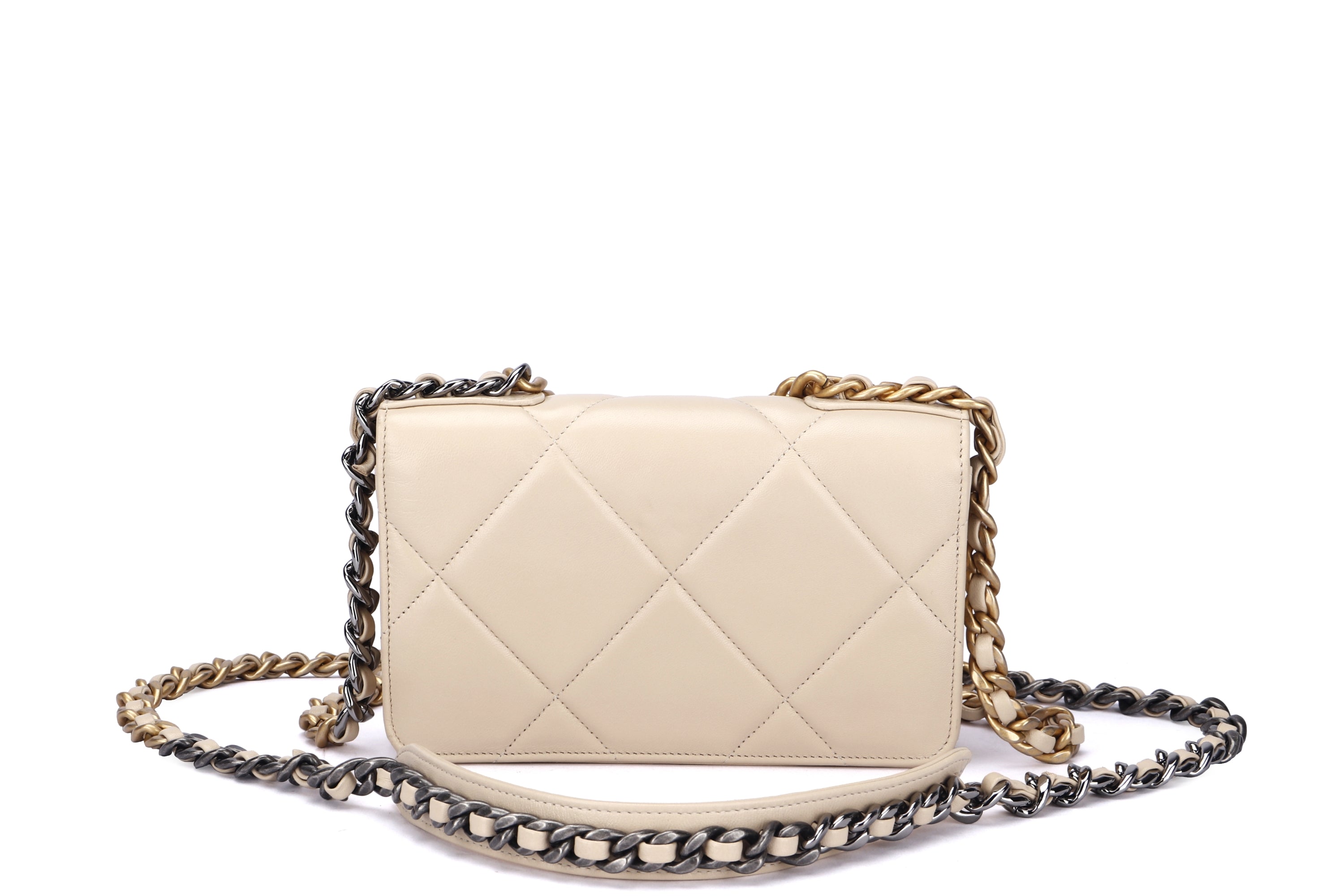 CHANEL 19 WALLET ON CHAIN (3096xxxx) LIGHT BEIGE COLOR LAMBSKIN, GOLD, SILVER & RUTHENIUM HARDWARE, WITH CARD, DUST COVER & BOX