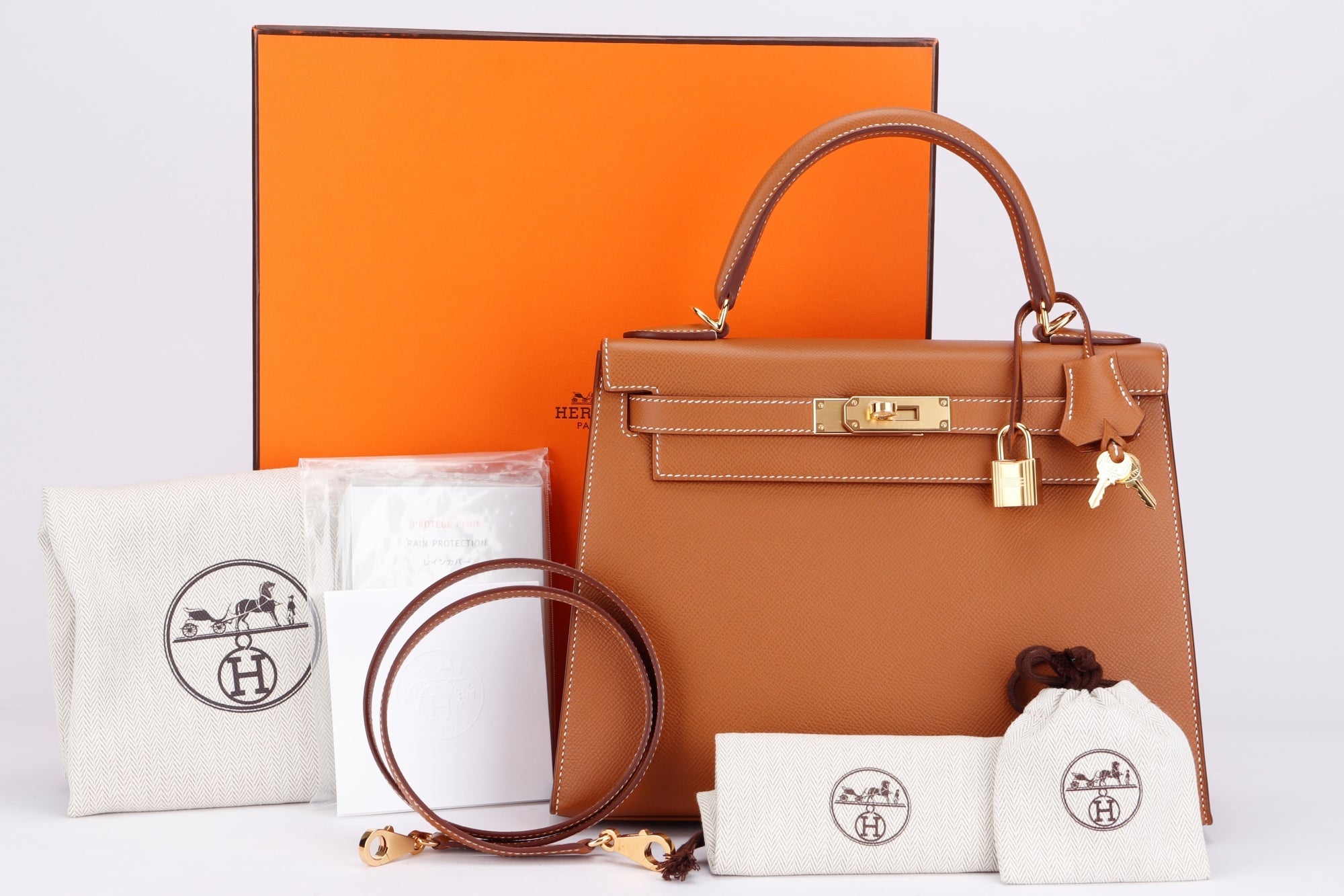 Hermes Kelly 28 Sellier (Stamp U) Gold Color Epsom Leather, Gold Hardware, with Strap, Keys, Lock, Raincoat, Dust Cover & Box