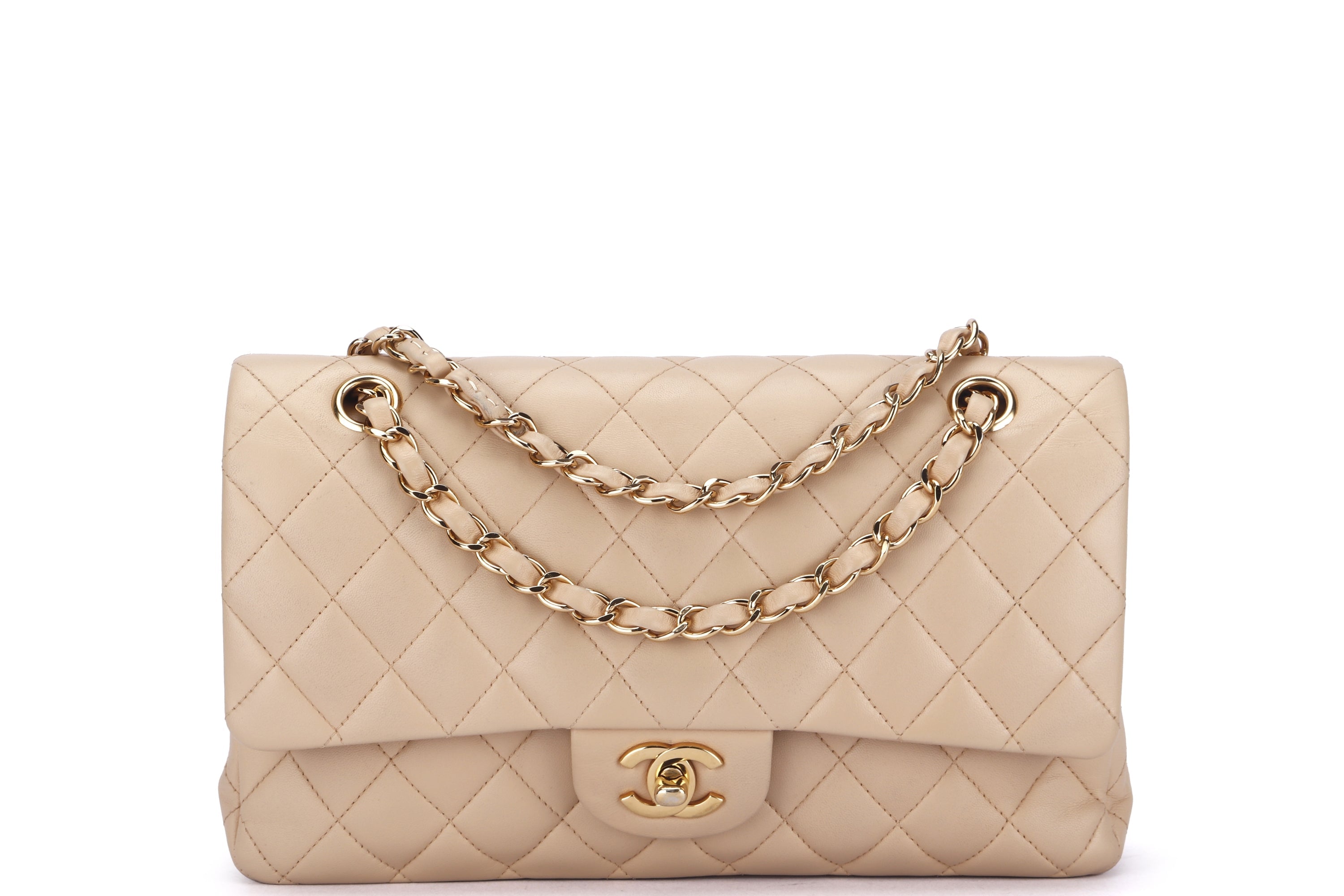 CHANEL CLASSIC DOUBLE FLAP (1543xxxx) MEDIUM BEIGE LAMBSKIN, GOLD HARDWARE, NO CARD & DUST COVER