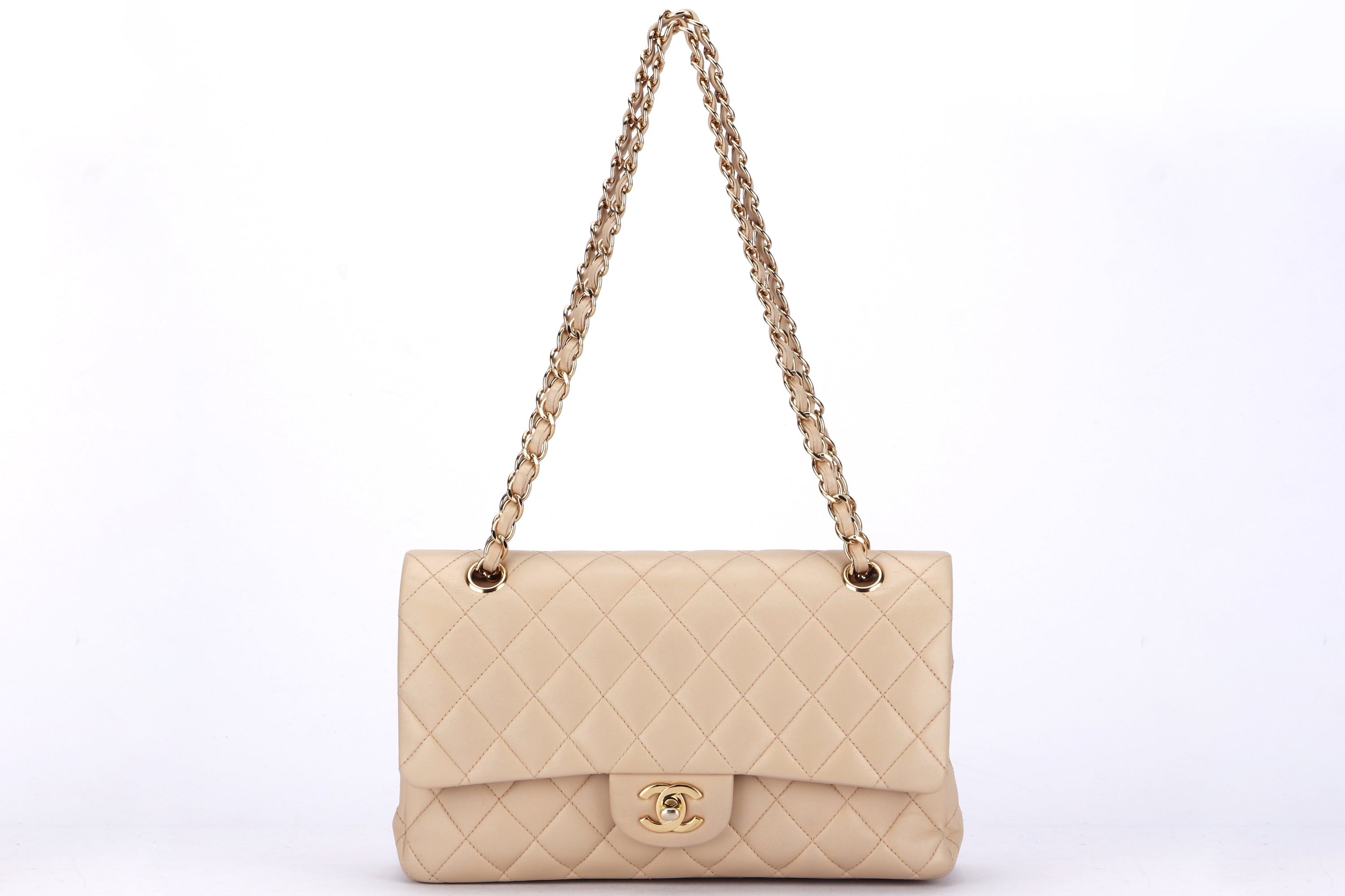 CHANEL CLASSIC DOUBLE FLAP (1543xxxx) MEDIUM BEIGE LAMBSKIN, GOLD HARDWARE, NO CARD & DUST COVER