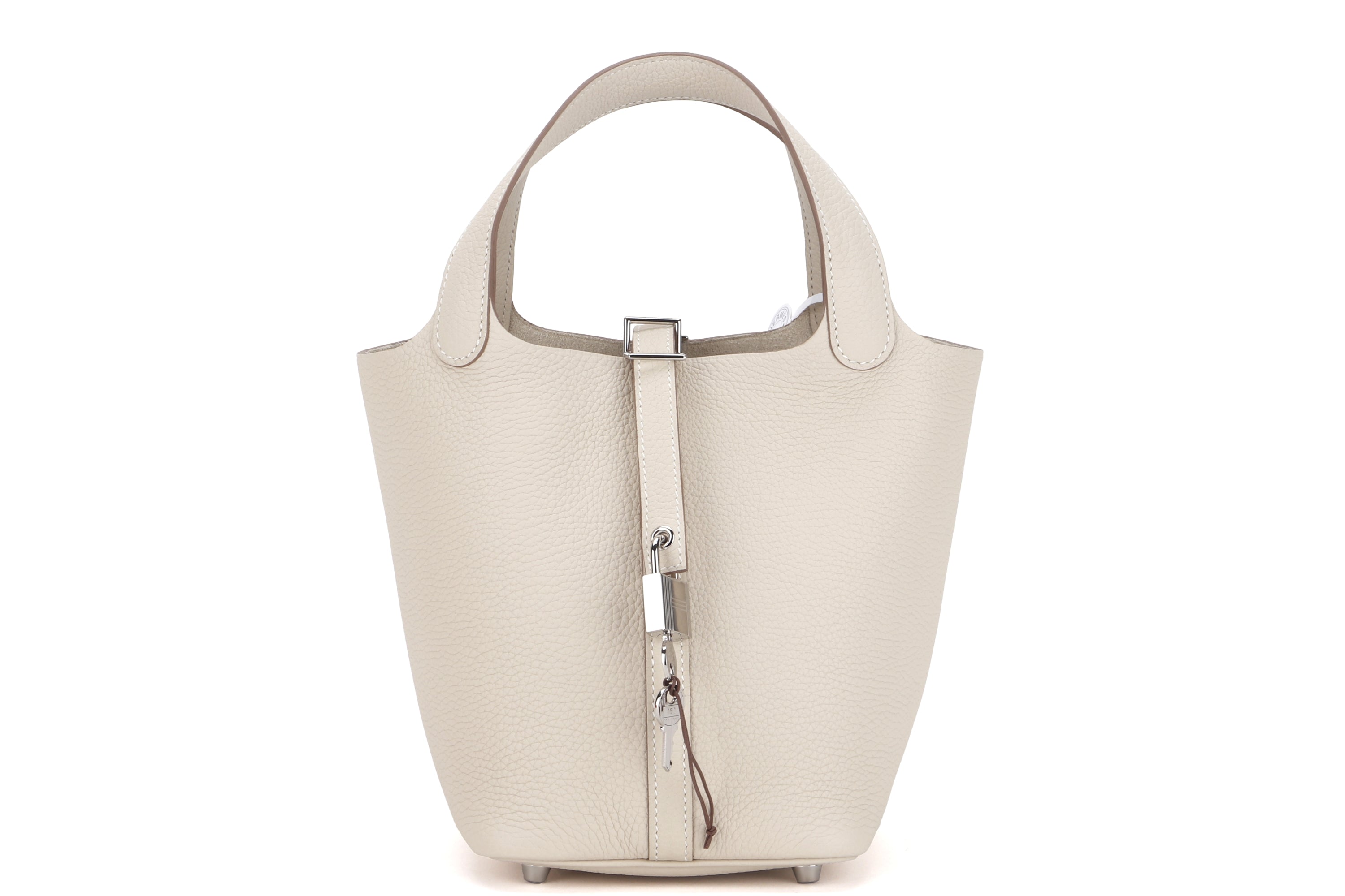 HERMES PICOTIN 18CM (STAMP U) CRAIE COLOR CLEMEMCE LEATHER SILVER HARDWARE, WITH LOCK, KEYS, DUST COVER & BOX