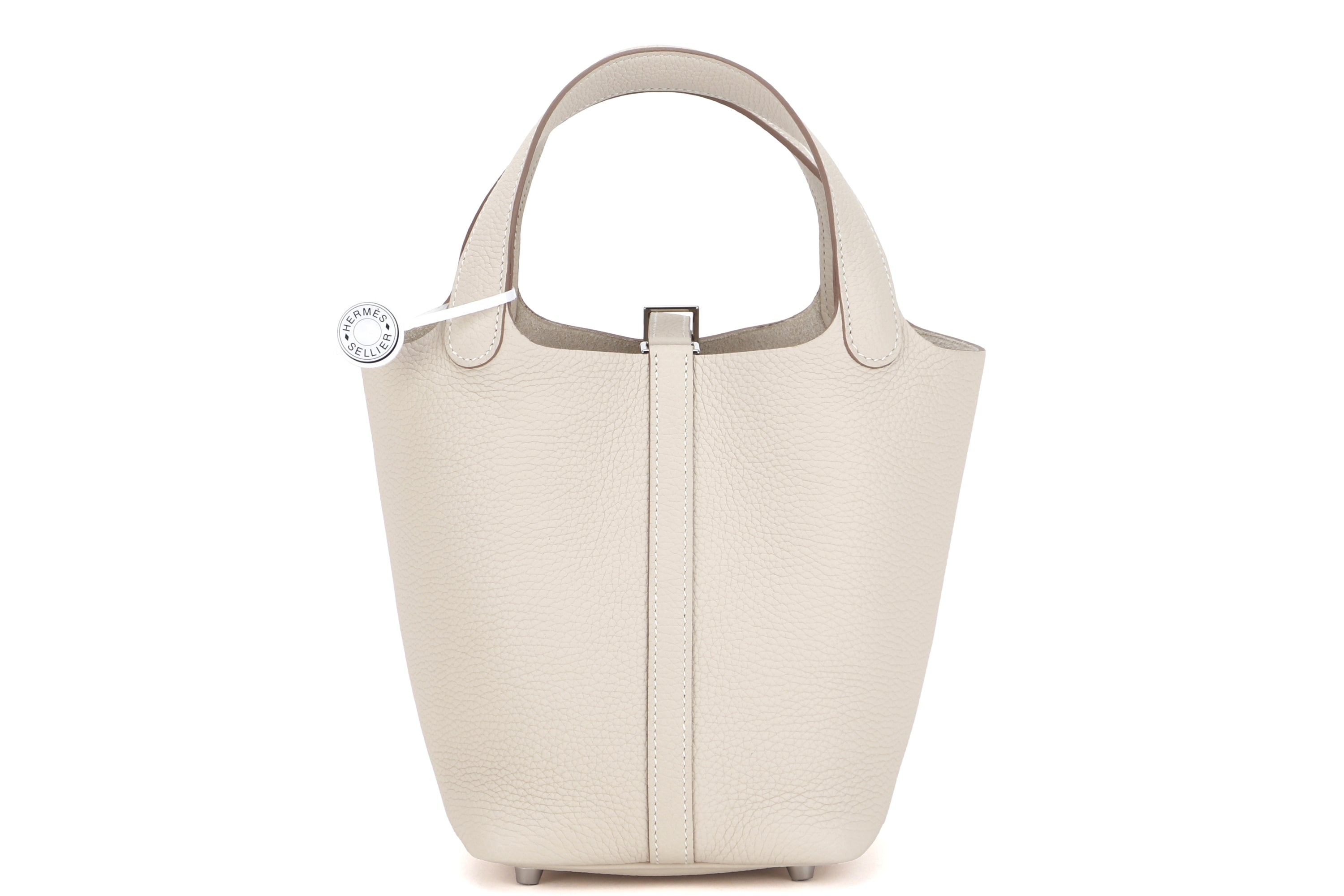 HERMES PICOTIN 18CM (STAMP U) CRAIE COLOR CLEMEMCE LEATHER SILVER HARDWARE, WITH LOCK, KEYS, DUST COVER & BOX