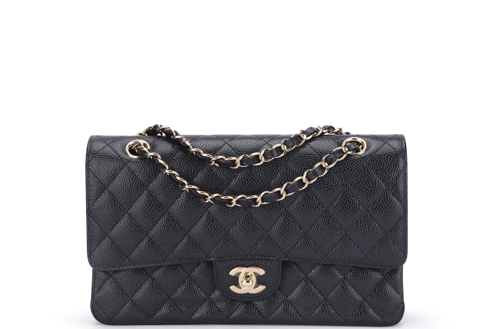 Chanel Classic Flap (KT42xxxx) Medium Size Black Caviar Leather Gold Hardware, with Dust Cover & Box