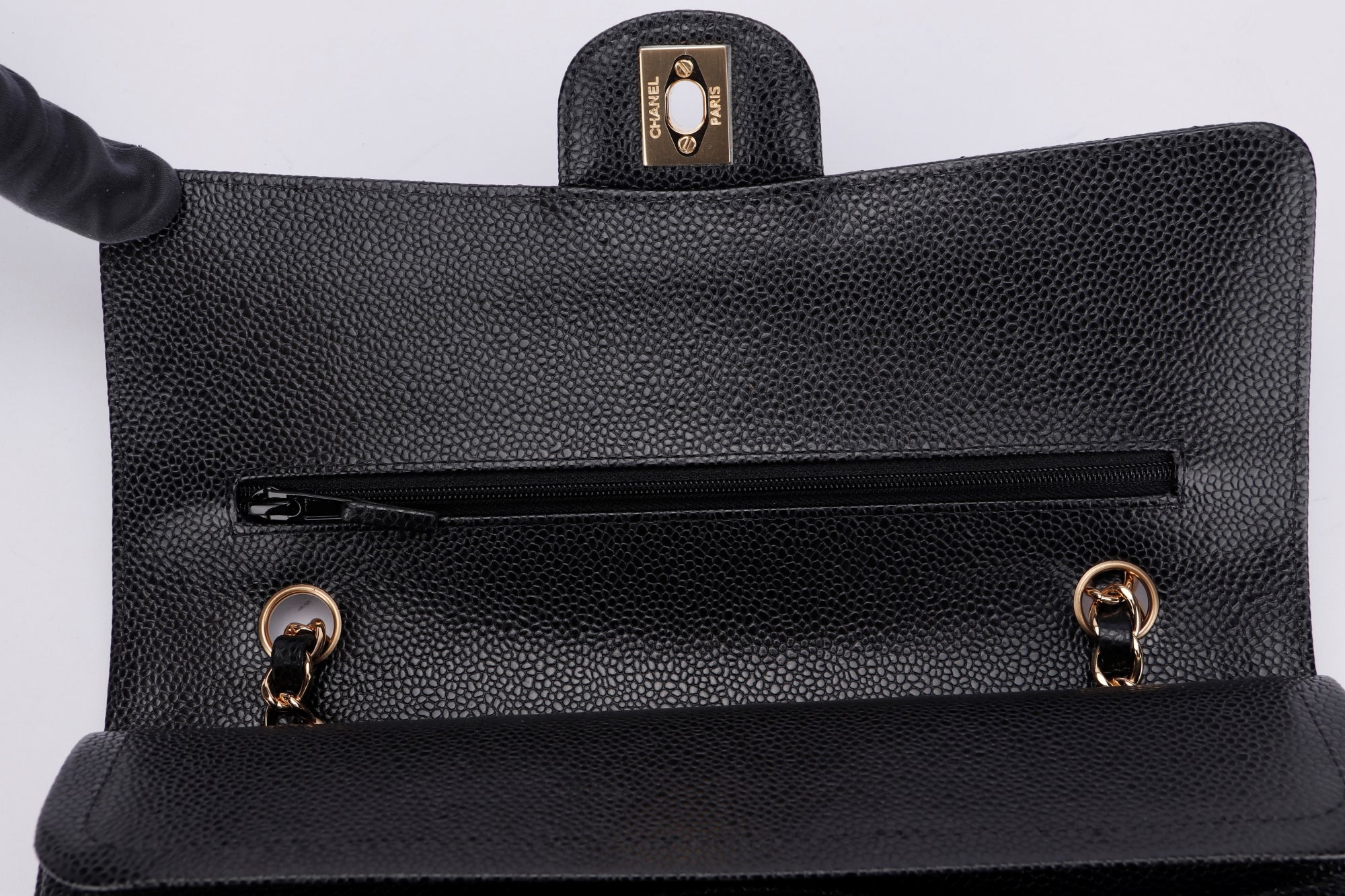 Chanel Classic Flap (KT42xxxx) Medium Size Black Caviar Leather Gold Hardware, with Dust Cover & Box