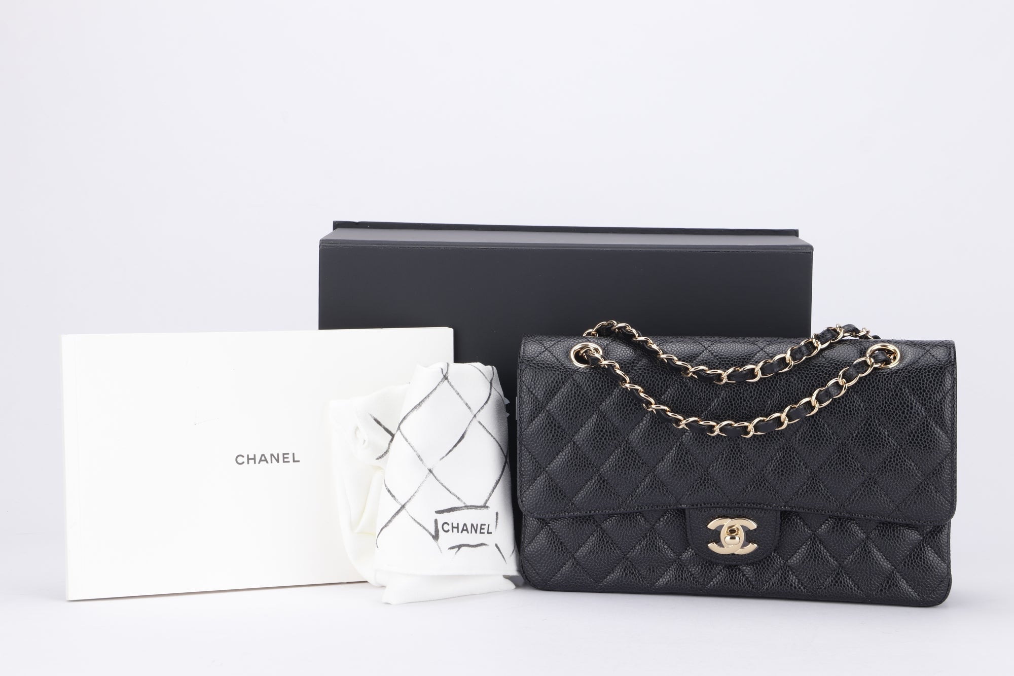 Chanel Classic Flap (KT42xxxx) Medium Size Black Caviar Leather Gold Hardware, with Dust Cover & Box