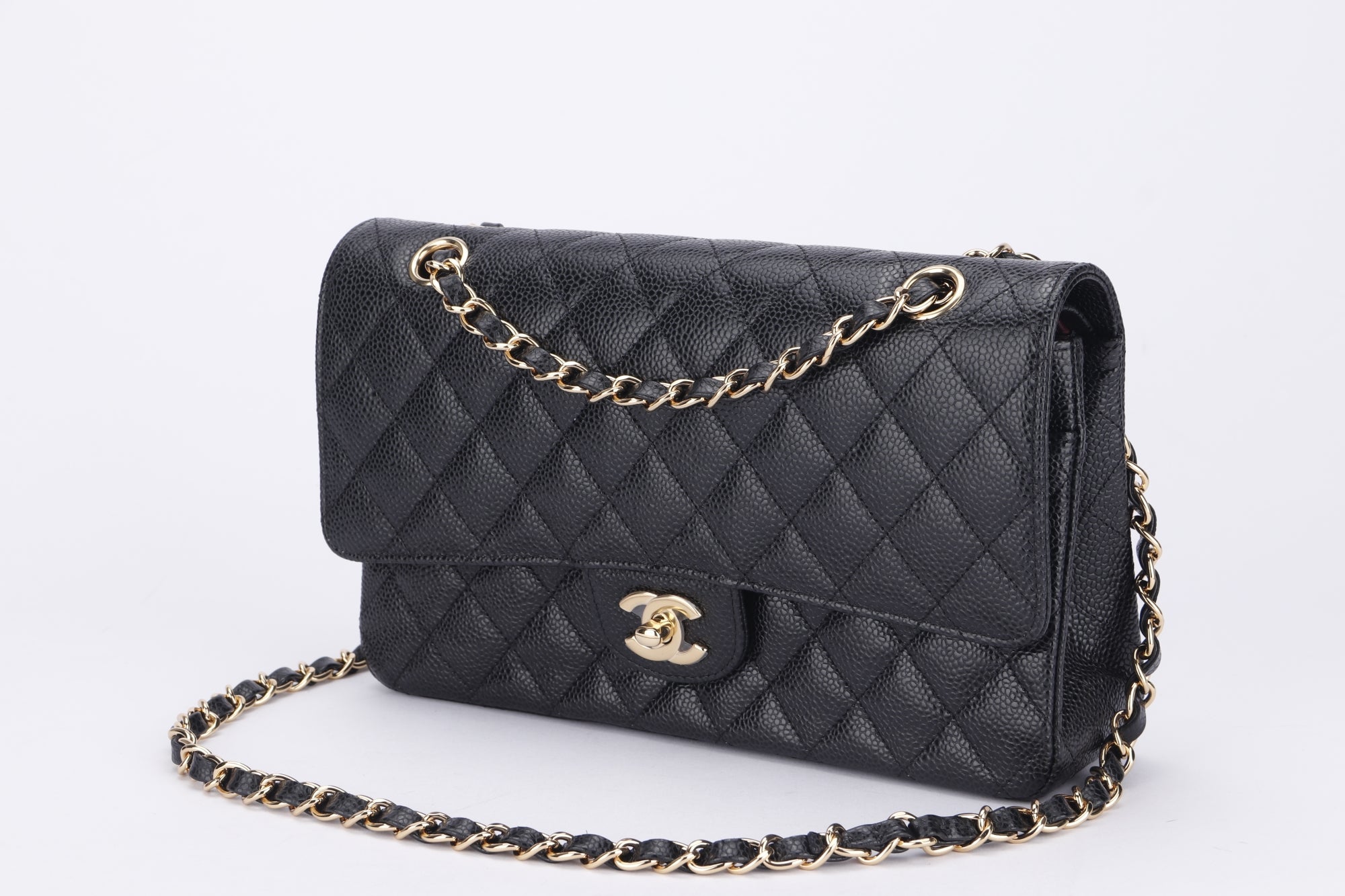 Chanel Classic Flap (KT42xxxx) Medium Size Black Caviar Leather Gold Hardware, with Dust Cover & Box