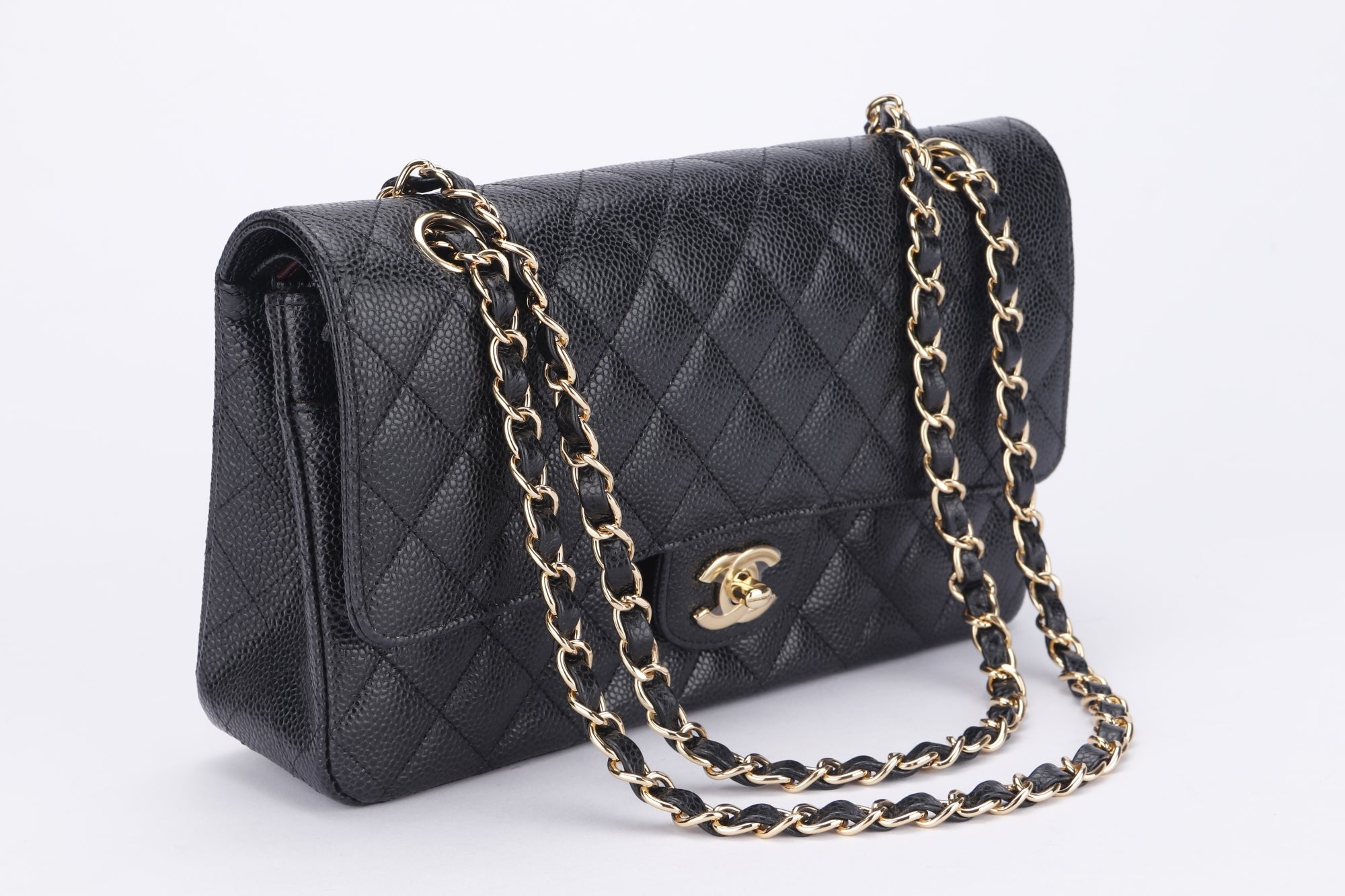 Chanel Classic Flap (KT42xxxx) Medium Size Black Caviar Leather Gold Hardware, with Dust Cover & Box