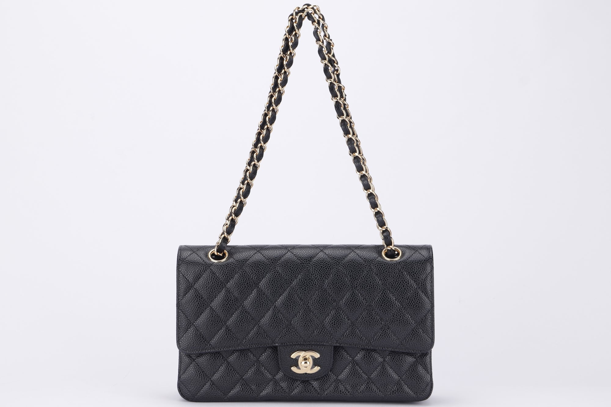 Chanel Classic Flap (KT42xxxx) Medium Size Black Caviar Leather Gold Hardware, with Dust Cover & Box