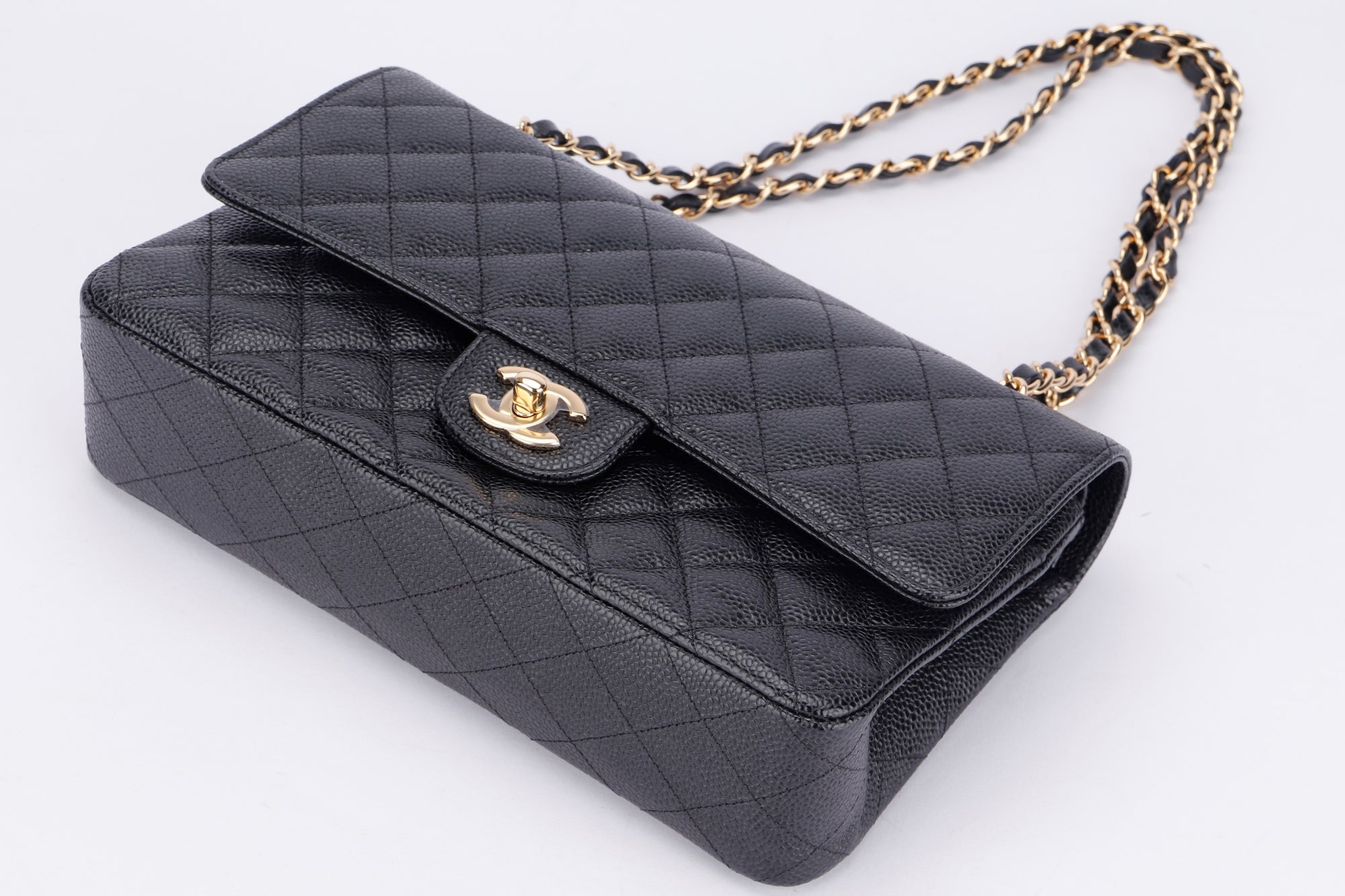 Chanel Classic Flap (KT42xxxx) Medium Size Black Caviar Leather Gold Hardware, with Dust Cover & Box