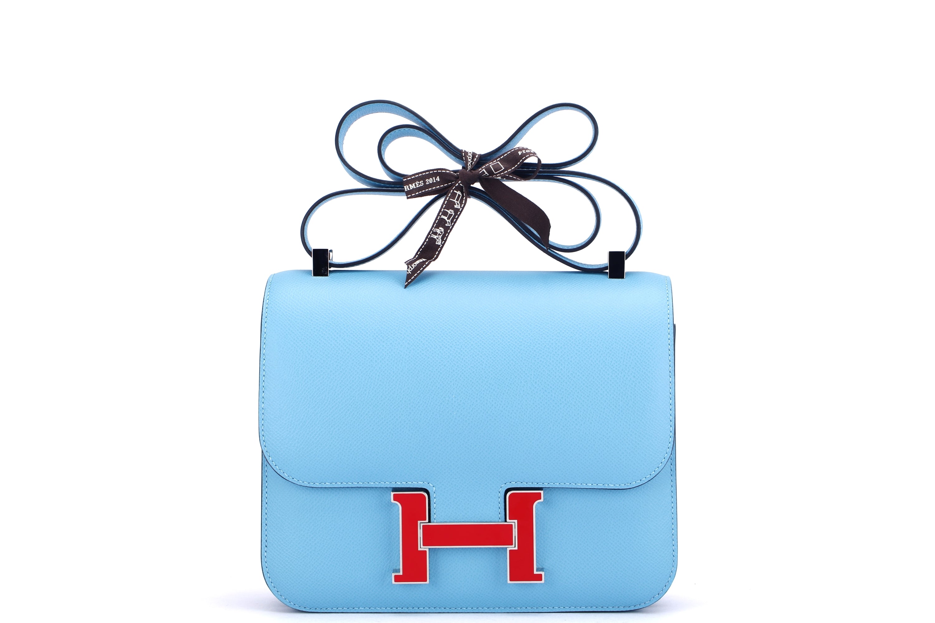 HERMES CONSTANCE 24 (STAMP D) BLUE EPSOM LEATHER RED ENAMEL HARDWARE, WITH DUST COVER & BOX